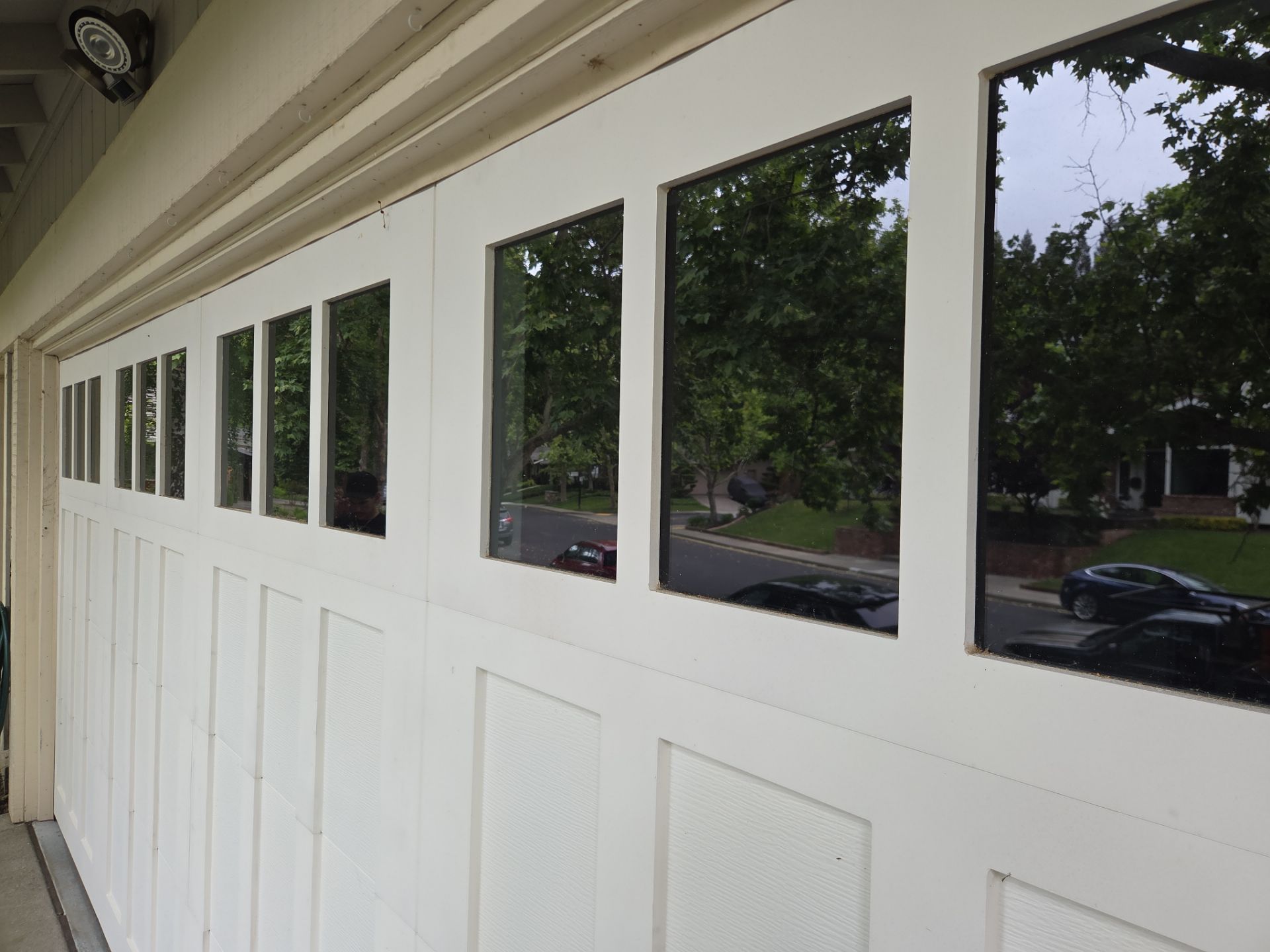 White Carriage House Overlay Garage Door and Liftmaster Opener Installation in Danville by Valiant Garage Door