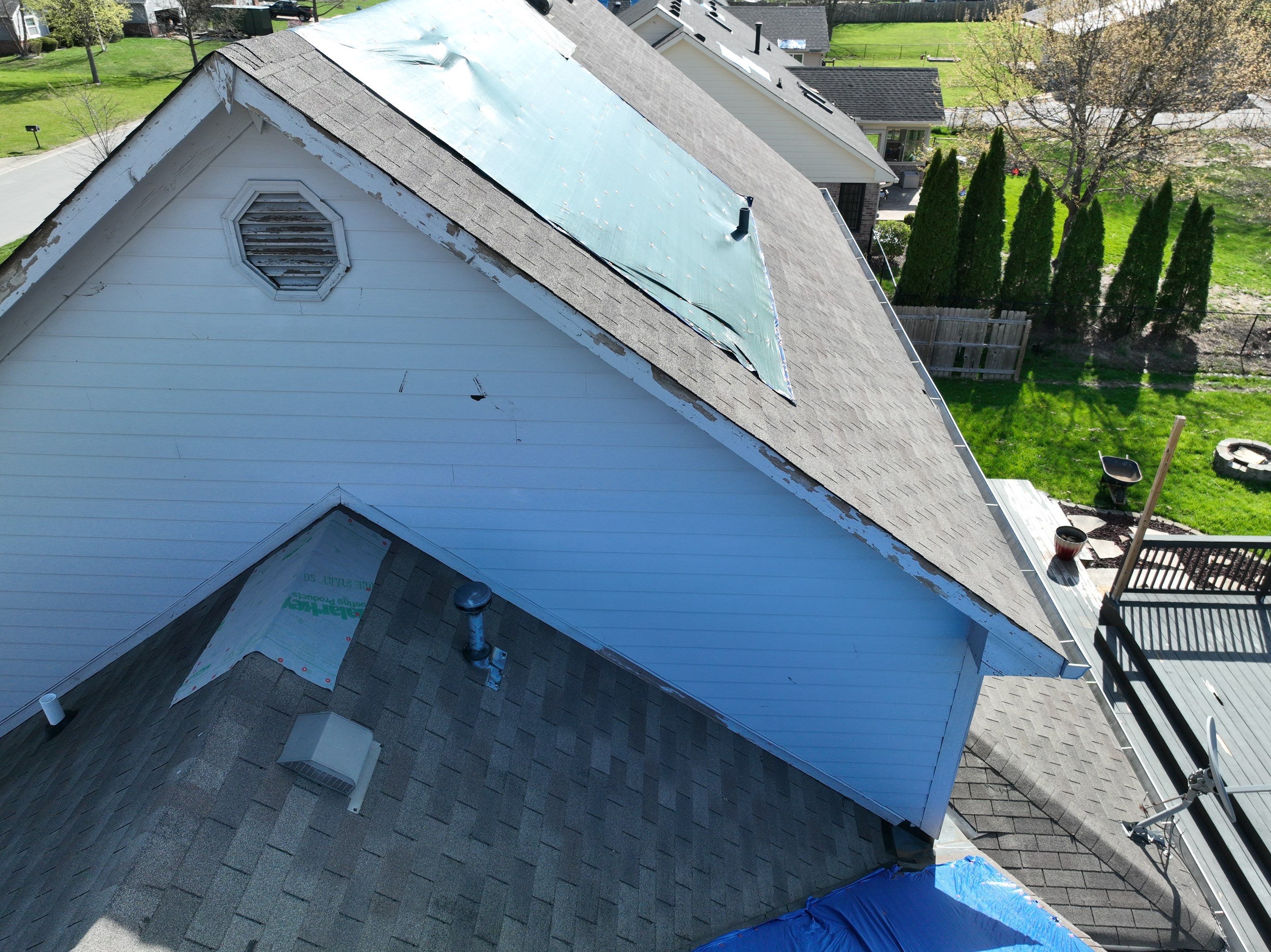 Tornado damage in Whiteland. Roof replacement, James Hardie siding, exterior paint, gutters, windows, doors by 317 Roofing & Restorations