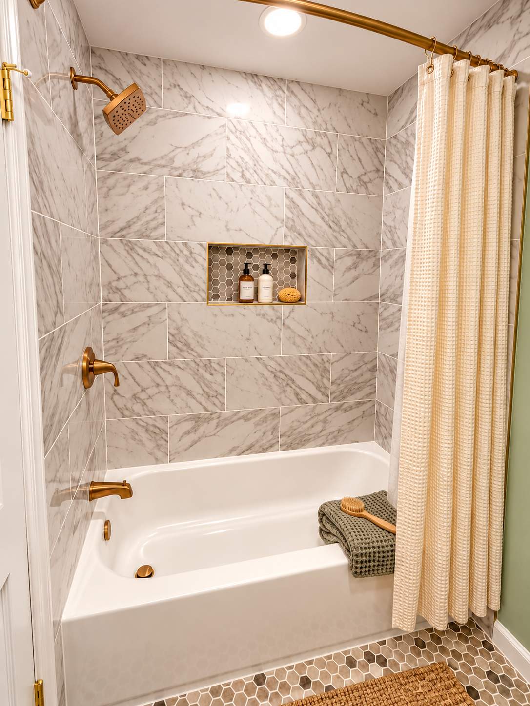 Modern Bathroom Remodel with Marble-Look Tile & Brushed Gold Finishes by Remodel Now