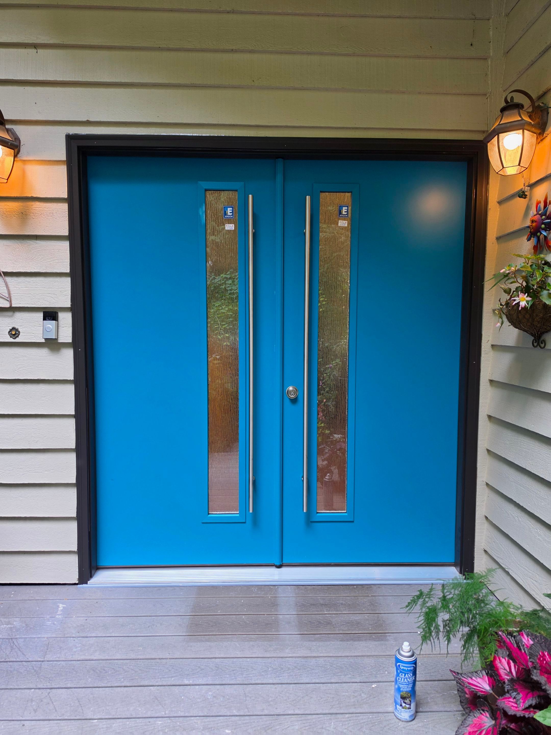 Modern Teal Double Door Installation with Vertical Glass in Bothell by Emerald City Energy 