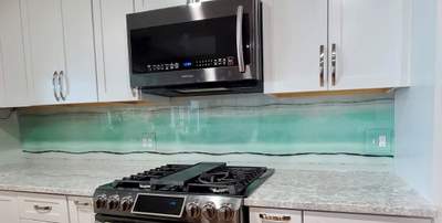 Kitchen Remodel using IMAGIO Tranquil Waters Green Solid Glass Backsplash