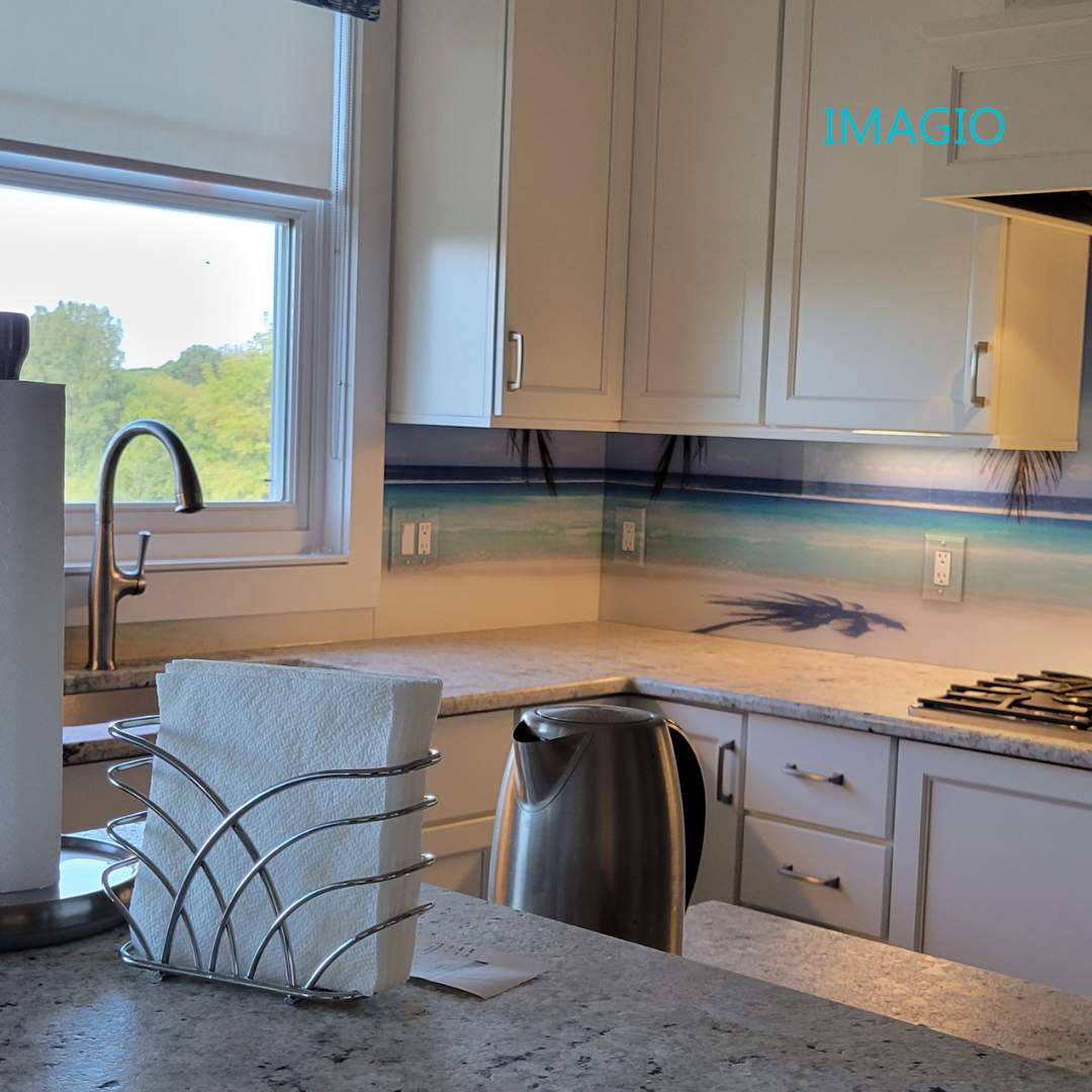 Kitchen Remodel using IMAGIO Mountains & Tropics Solid Glass Backsplash by IMAGIO