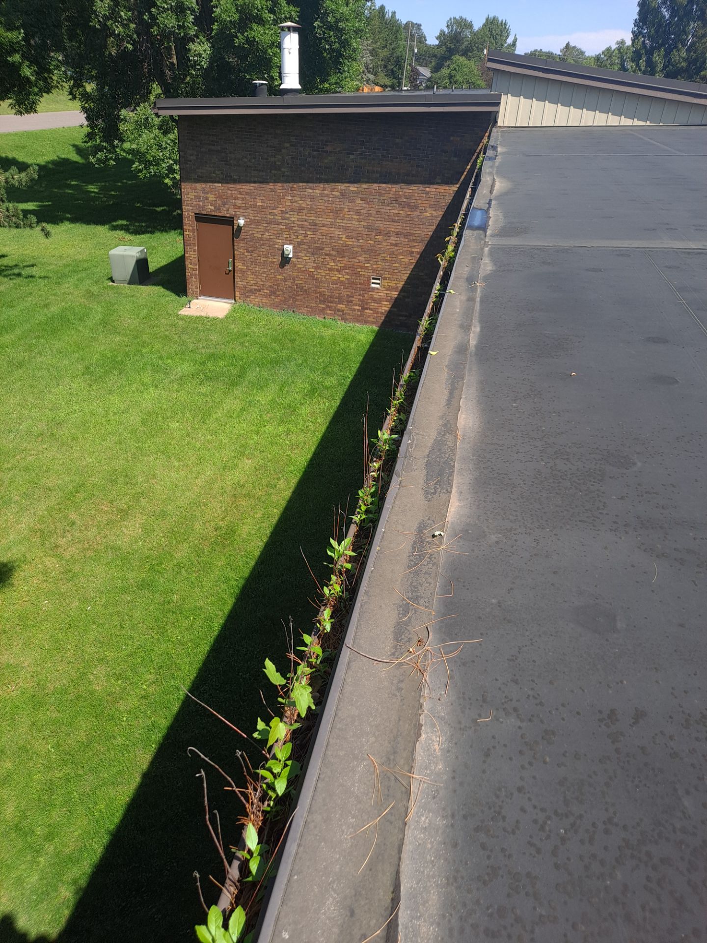 Commercial gutter cleaning Minnesota before photo with filled gutters