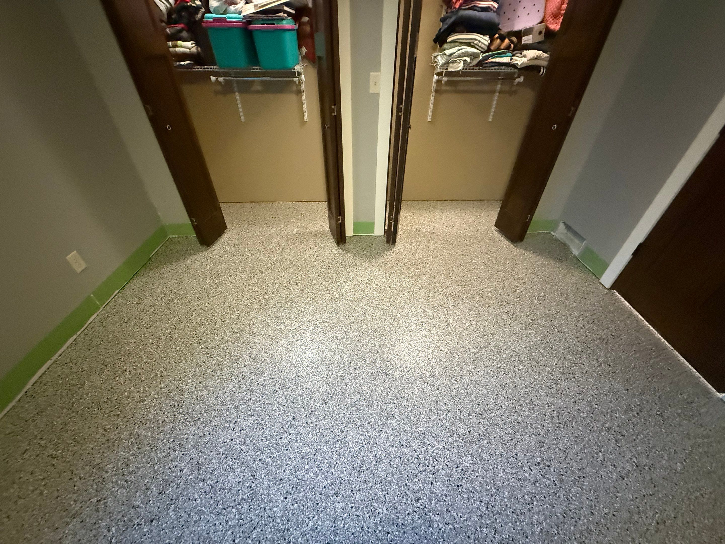 Decorative Flake Concrete Floor Coating for Larchwood Basement by Select Painting, Coatings & Garage Cabinets