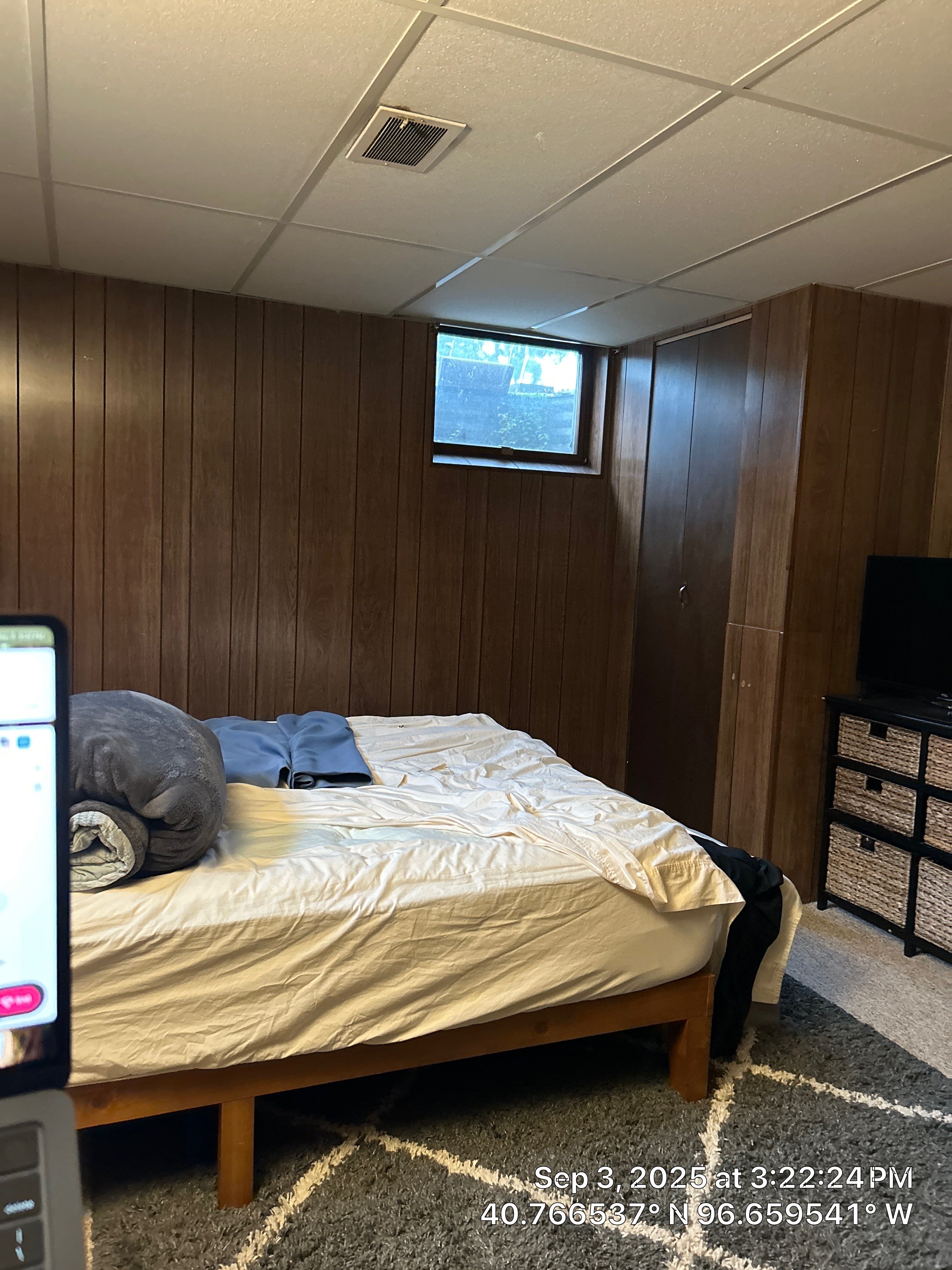 Basement Bedroom Interior Assessment and Ceiling Repair in Lincoln by CompanyCam Sales Demo