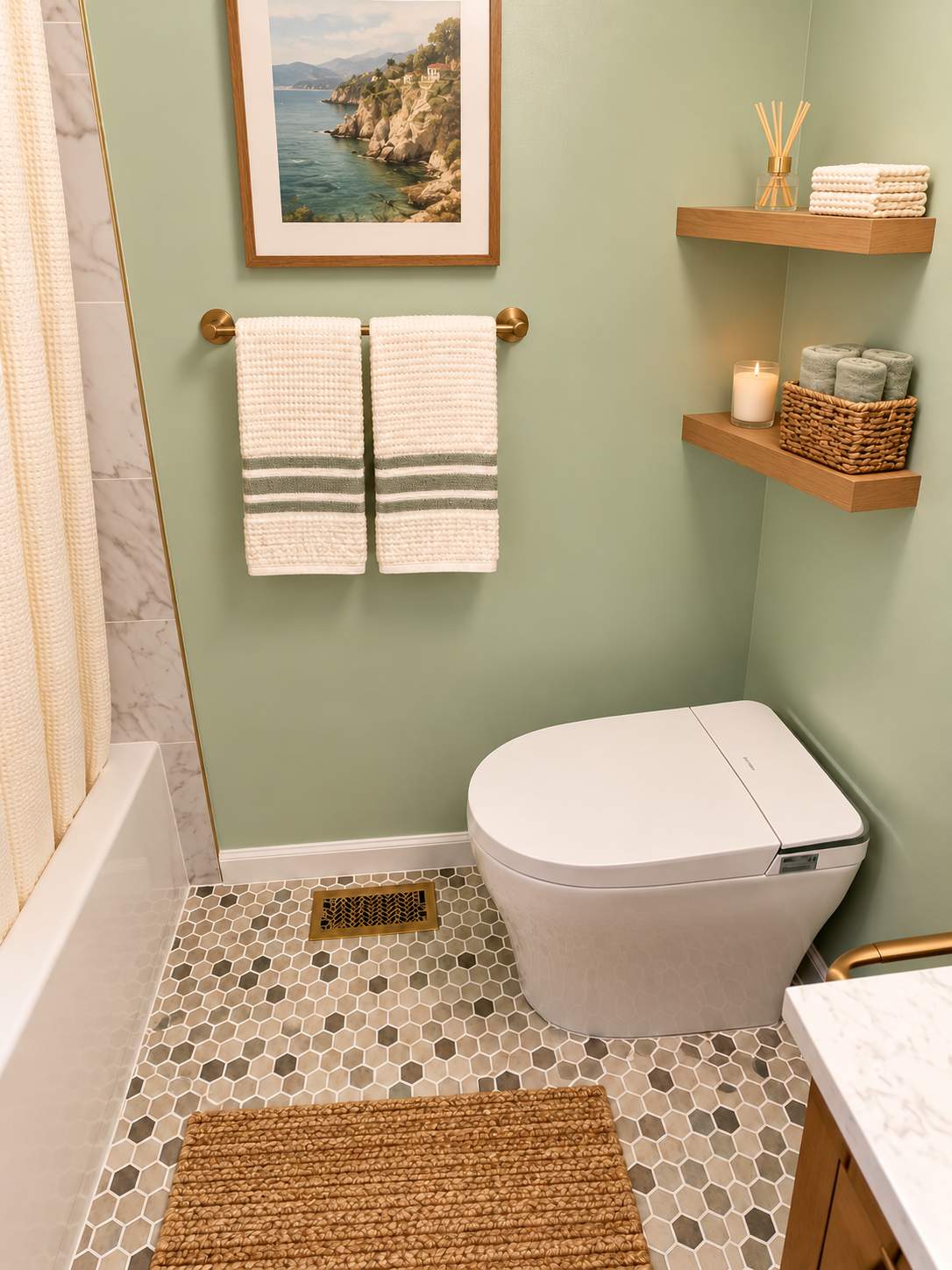 Modern Bathroom Remodel with Marble-Look Tile & Brushed Gold Finishes by Remodel Now