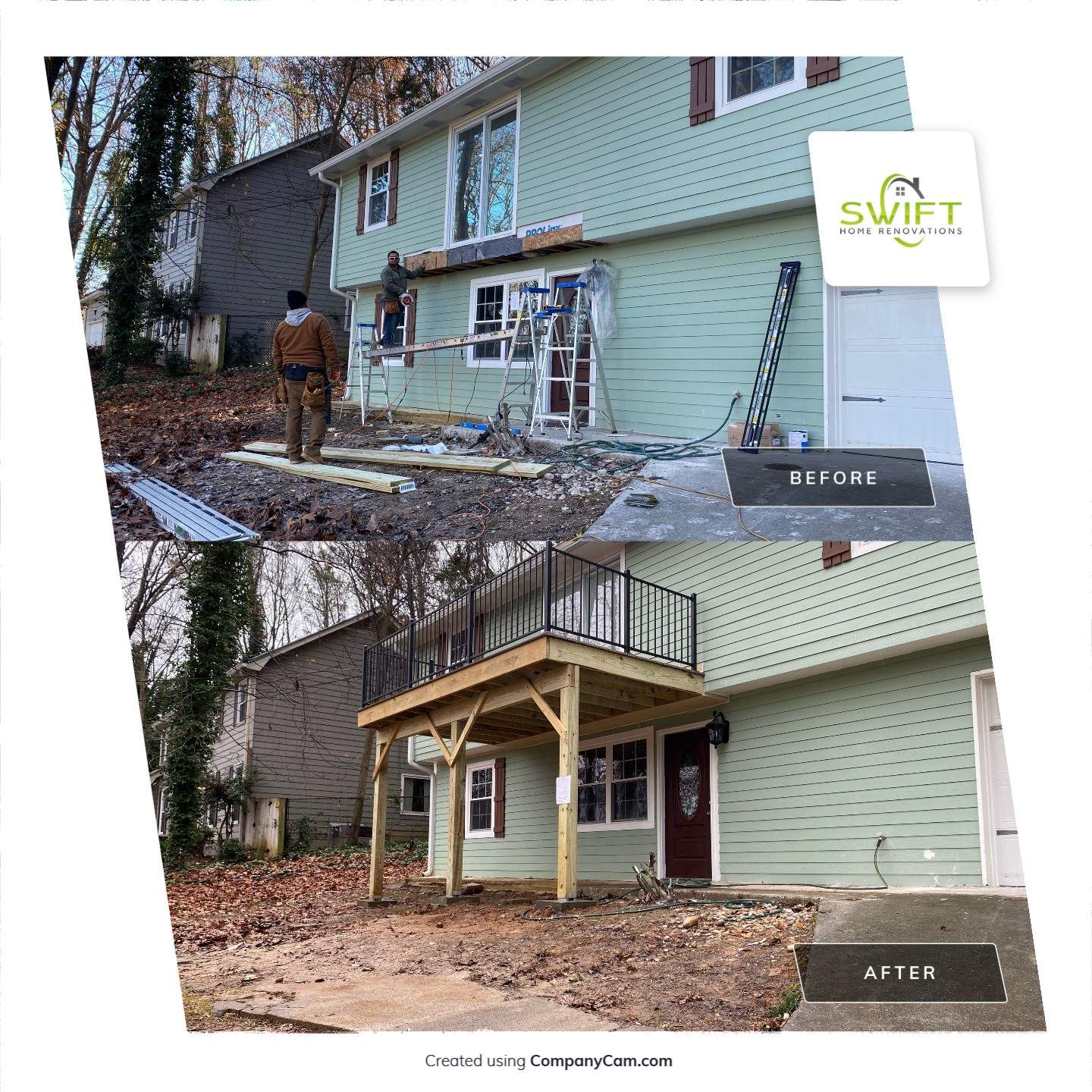 Elevated Wood Deck Construction With Black Metal Railings In Atlanta by Swift Home Renovations