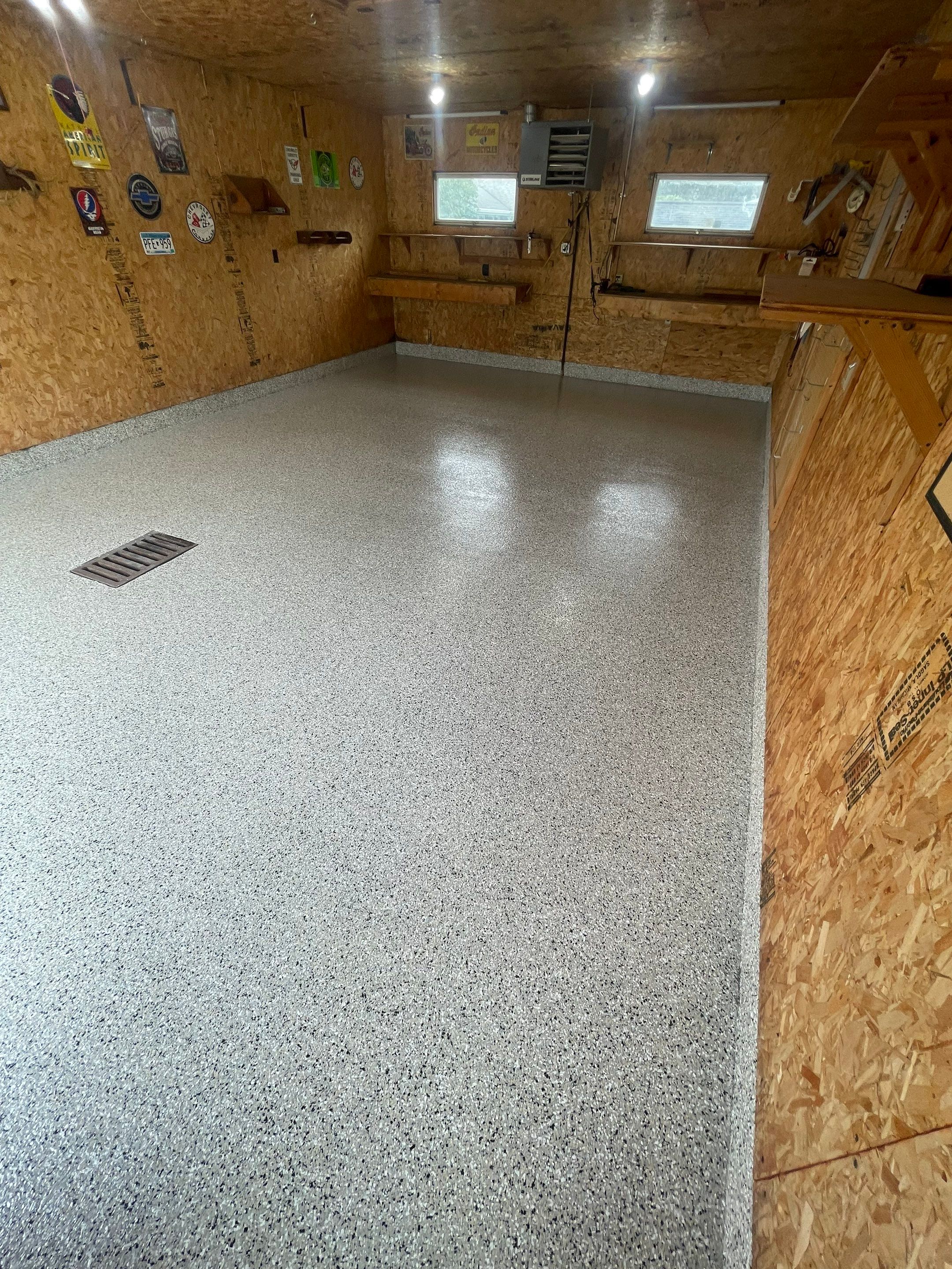 Speckled Epoxy Flake Concrete Coating for Worthington Garage Floor by Select Painting, Coatings & Garage Cabinets