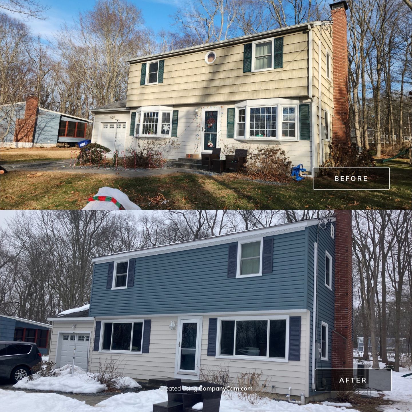 Siding Transformation with Certaplank S/7 insulated Herringbone, and Cert Monogram D/5x12' Dutchlap Wedgewood Blue by DiGiorgi Roofing and Siding Inc