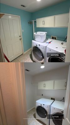 Before and after photo of a laundry room repainted by Hill Country Painting in Austin, TX