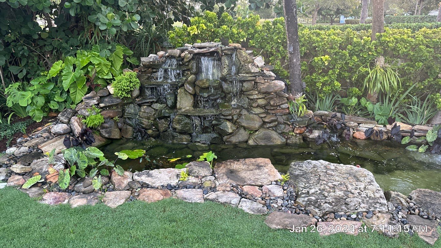 A Beautiful Relaxing Koi Pond with Waterfall in Pinecrest by Nature's Dream Landscape and Tree Service
