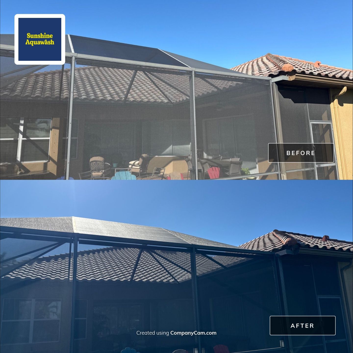This project focused on a full gutter clean-out to restore proper water flow and prevent overflow issues.  Our scope of work included: 	•	Removing heavy leaf and pollen buildup from the gutter system 	•	Clearing out clogged sections along the rear gutters near the pool cage, where debris tends to accumulate more heavily 	•	Inspecting and cleaning the front gutter guards, which had several blocked areas restricting water flow 	•	Ensuring all downspouts and channels were flowing properly after service  Even with gutter guards installed, debris like pollen, shingle grit, and fine organic matter can still build up over time—especially in Florida’s environment. Regular maintenance helps prevent water damage, overflow, and staining on exterior surfaces.  Another thorough job completed by Sunshine AquaWash® – keeping homes protected from top to bottom. by Sunshine AquaWash
