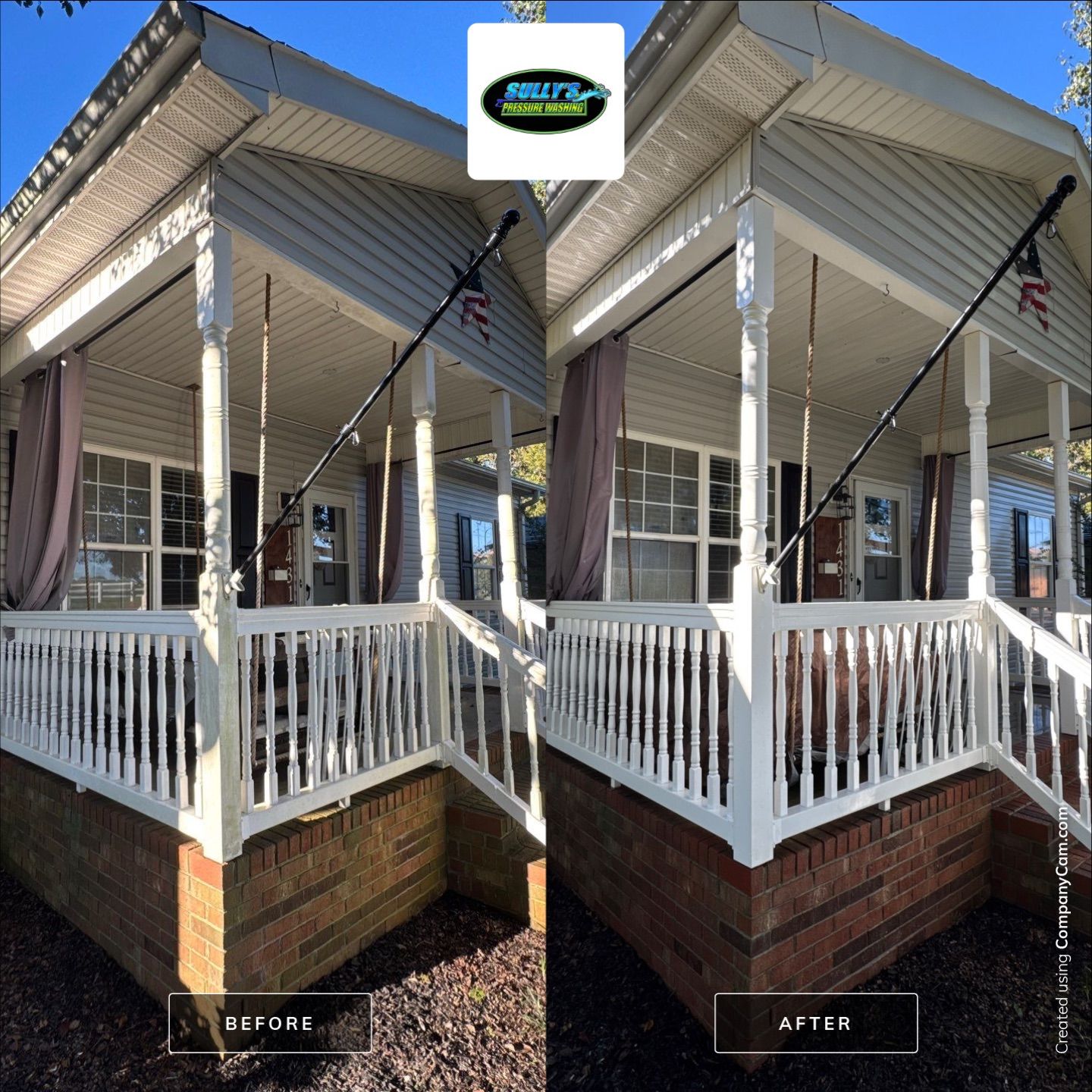 the service shown is a thorough cleaning of the porch railings and foundation area enhancing overall appearance and cleanliness