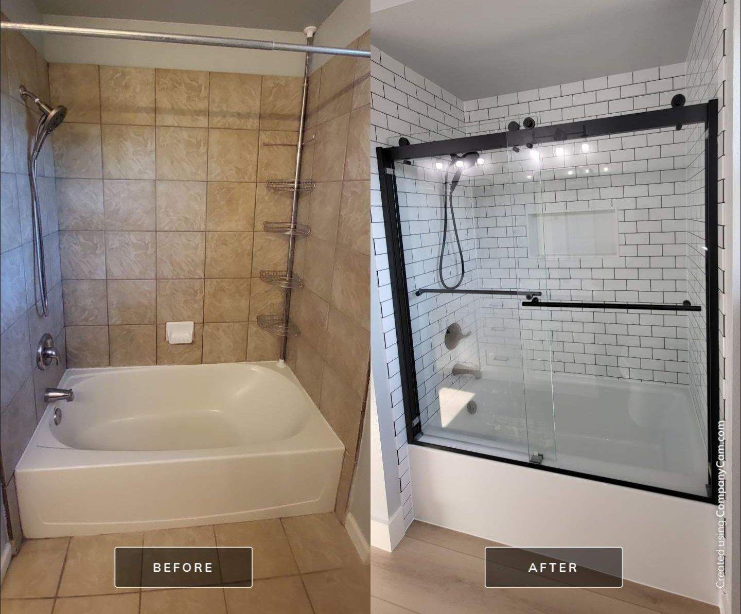 Stone Oak Bathroom Refresh with Modern Subway Tile Before and After by Legacy Bath and Kitchen 