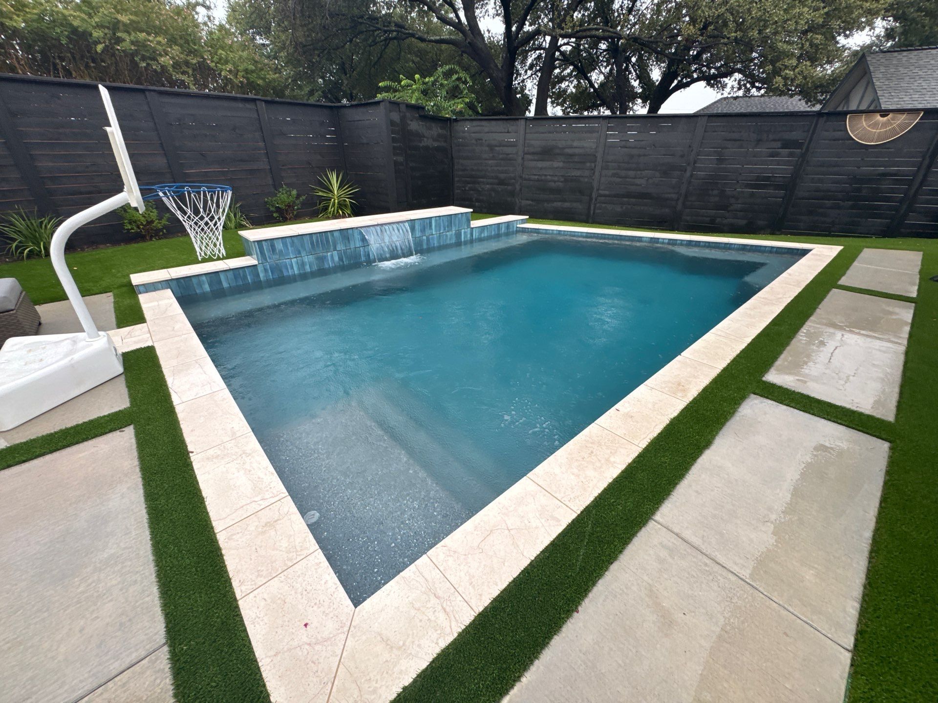 Modern Geometric Pool with Spa and Turf Surround by Pinnacle Pools and Spas - DFW