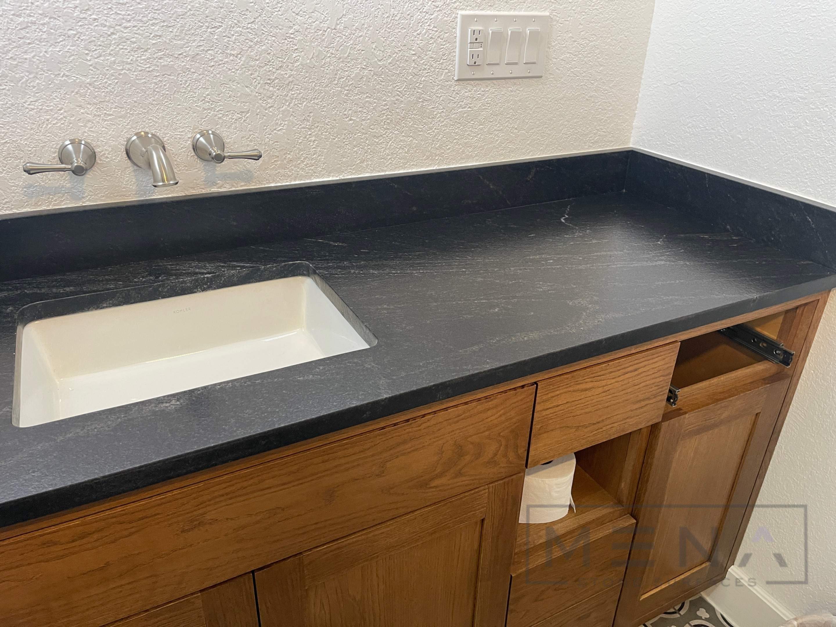 Batrhoom remodel using Custom Cabinets by Mena stone surfaces