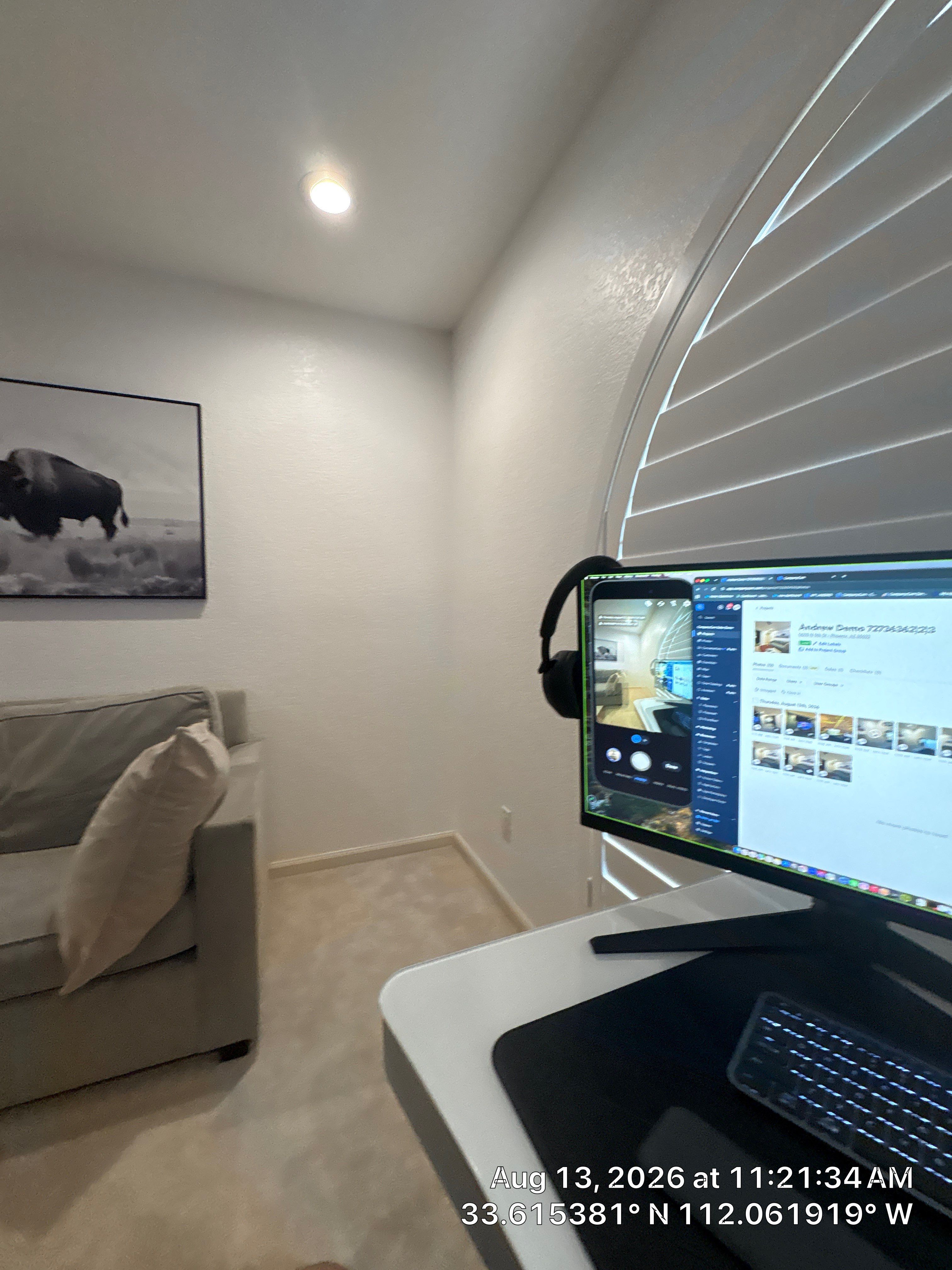 Phoenix Home Office Setup with Plantation Shutters and Media Wall by CompanyCam Sales Demo