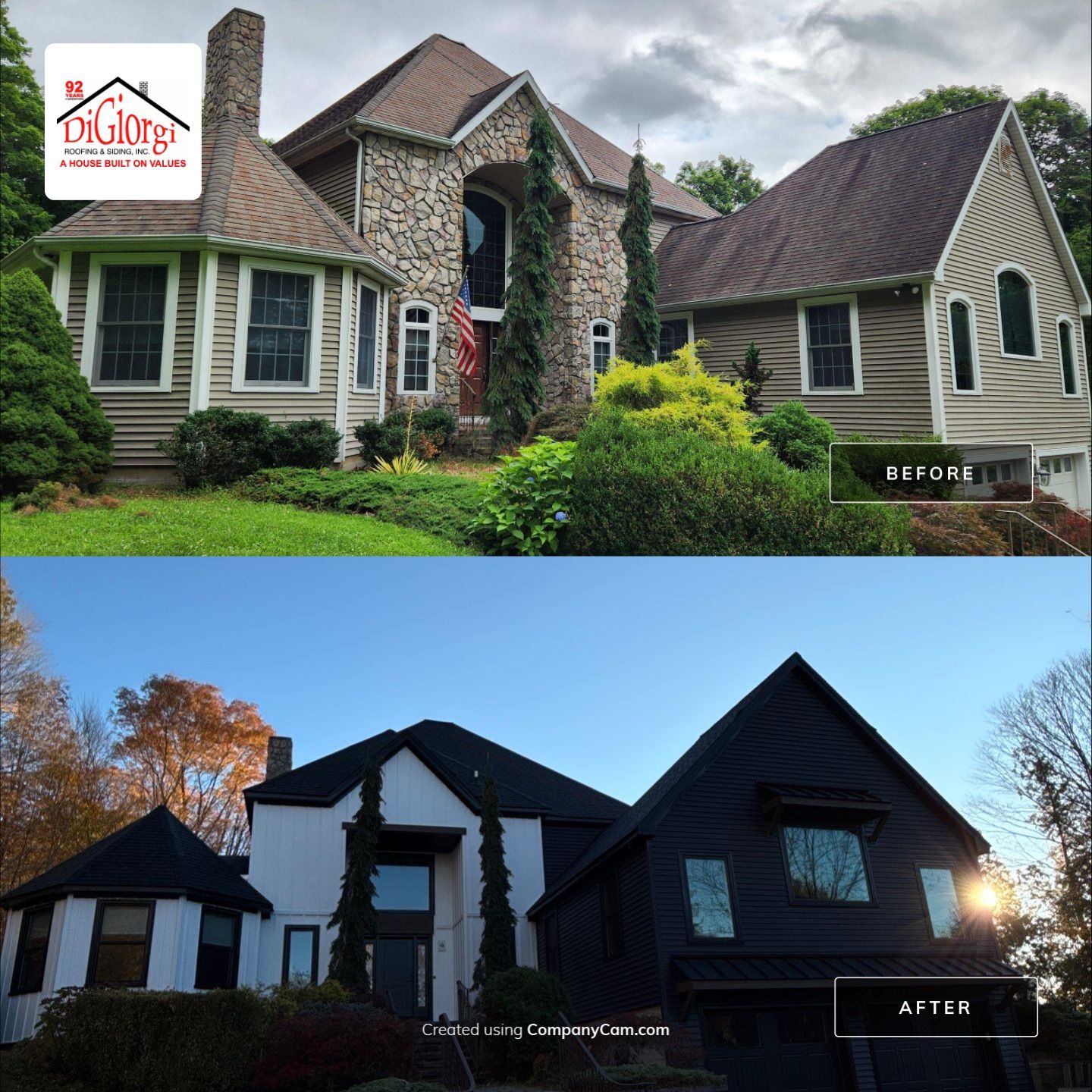 Bold Siding transformation with Cert Cedar Board & Batten S12, White, and Cert Monogram D/4 x 12'6" clapboard, Tuxedo by DiGiorgi Roofing and Siding Inc