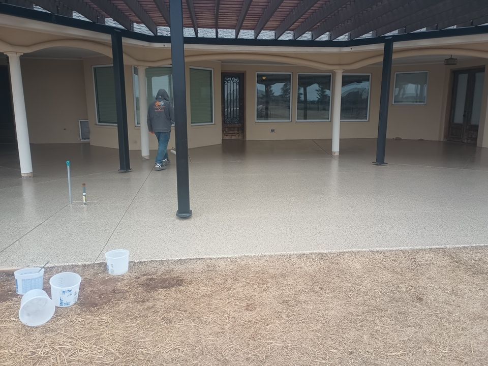 Patio & Sidewalk Coating Installation using Pecan with Redwood by Copperhead Coatings