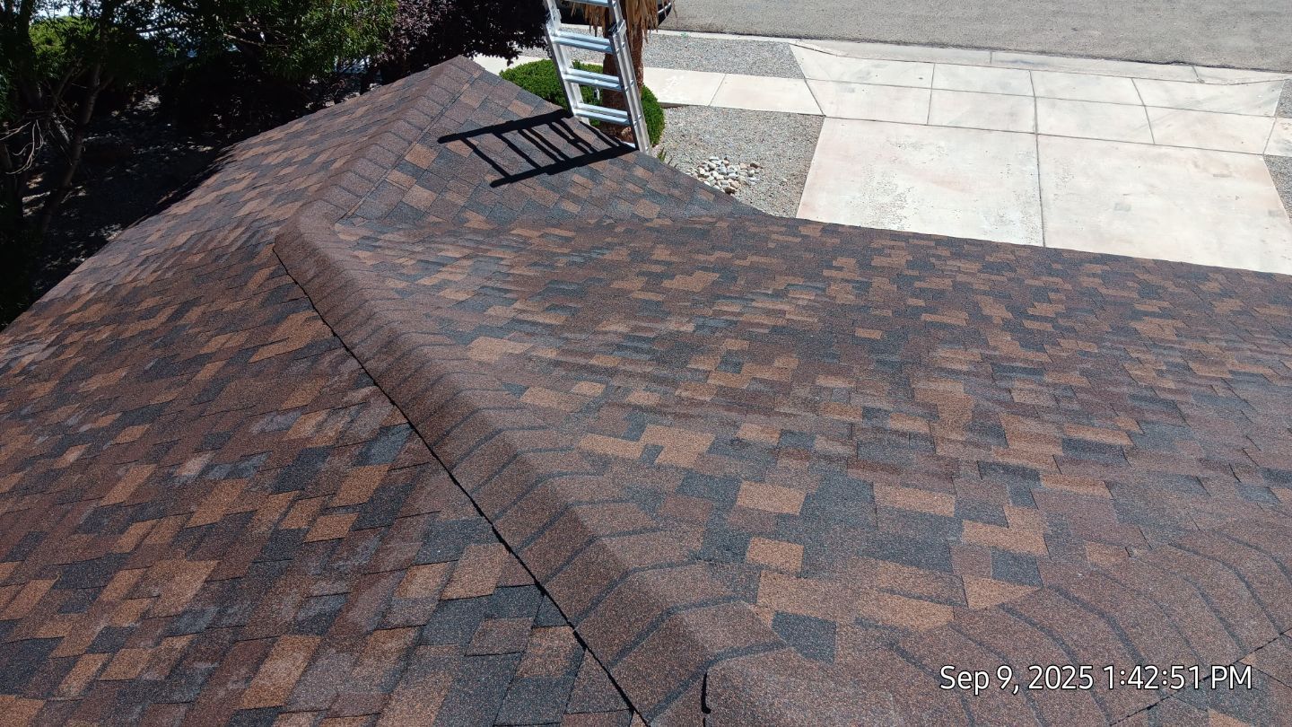Owens Corning Brownwood Duration shingle roof replacement in Rio Rancho by Doyle Roof Masters Inc