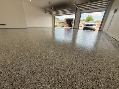 Full Garage Floor Resurfacing and Decorative Epoxy Flake Finish