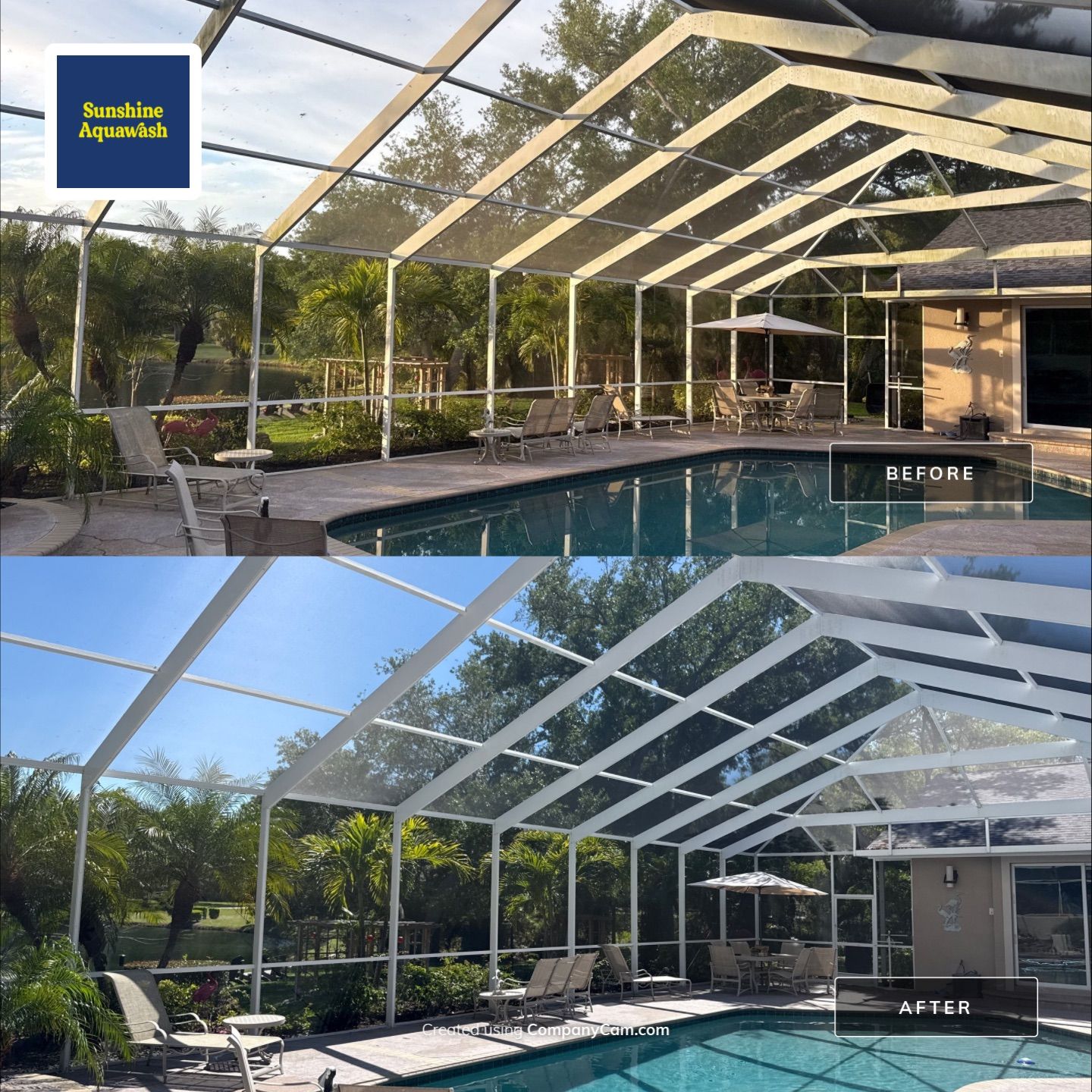 Large House Wash & Pool Cage Cleaning with Heavy Mud Dauber Nest Removal – Bradenton, FL 34209 by Sunshine AquaWash
