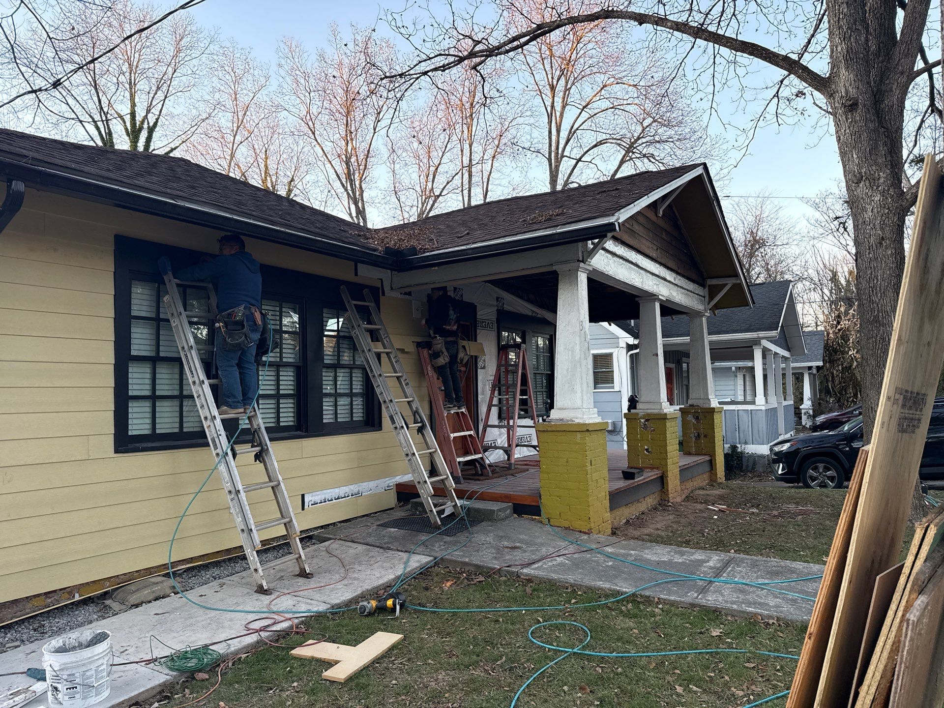 Cedar Tongue & Groove Porch Ceiling Installation Plus James Hardie Siding Replacement by Nelson Exteriors 