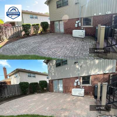 Brick paver clean, sand and seal.  using Algaecide, soft wash soap