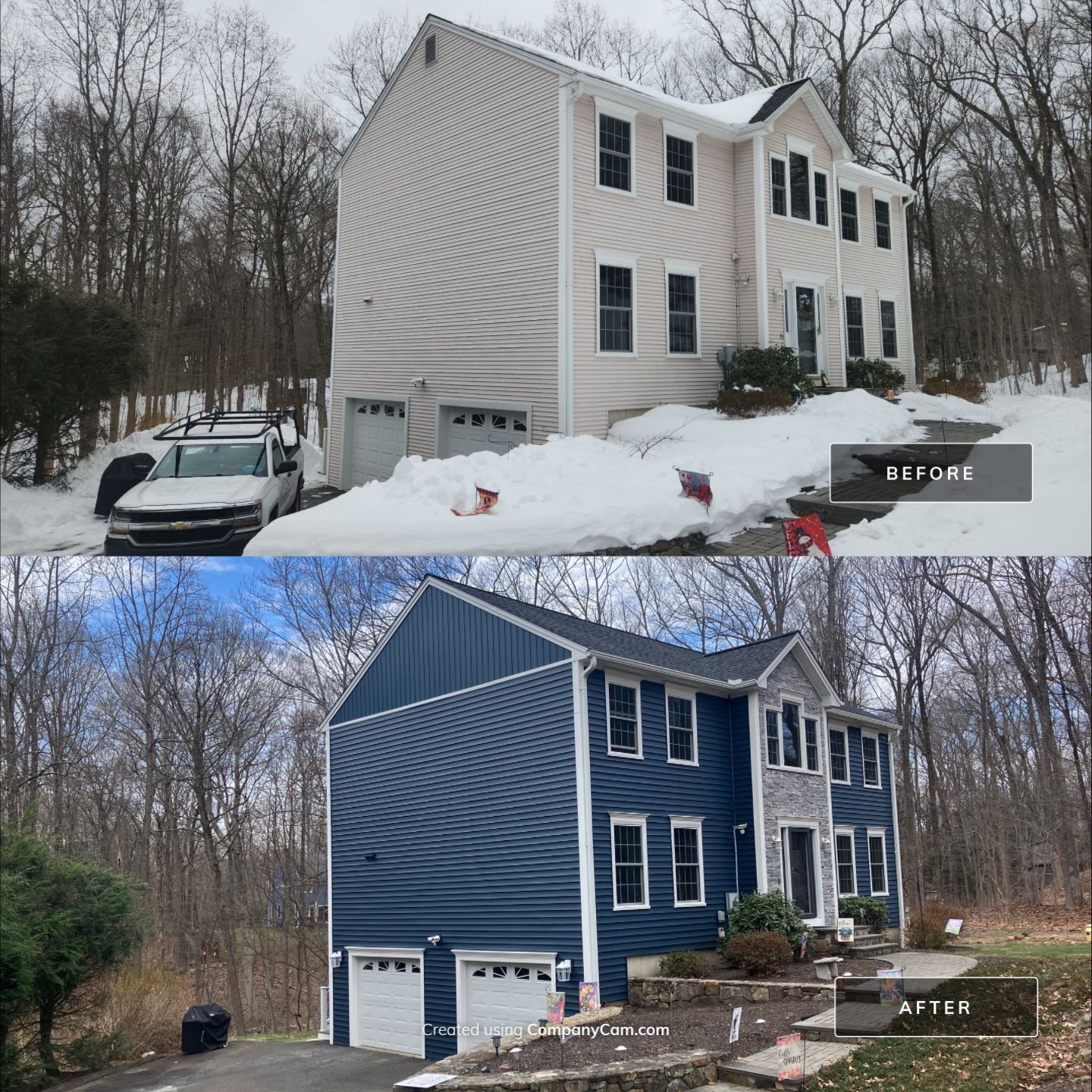 Renewed Siding with Cert. Cedar Board & Batten S-8 Deep Mineral, and Cert. Monogran D/5 x 12'6" clapboard Deep Mineral by DiGiorgi Roofing and Siding Inc
