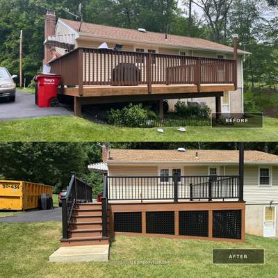 Replacement Deck, Trex Tropical Tiki torch , Matching Fascia. Black Transcend railing and Lattice.