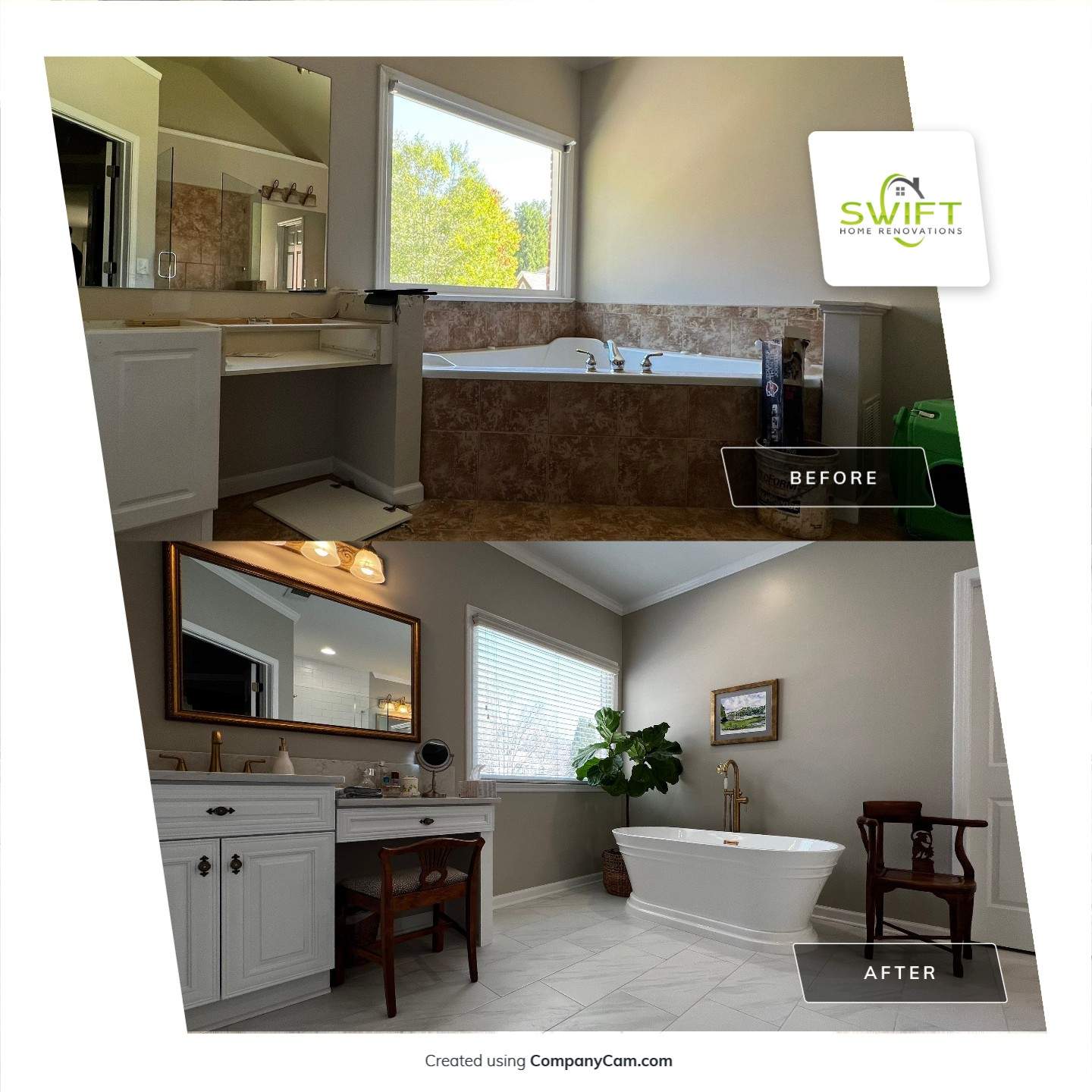 Master Bathroom Renovation with Marble Floor and Freestanding Soaking Tub by Swift Home Renovations