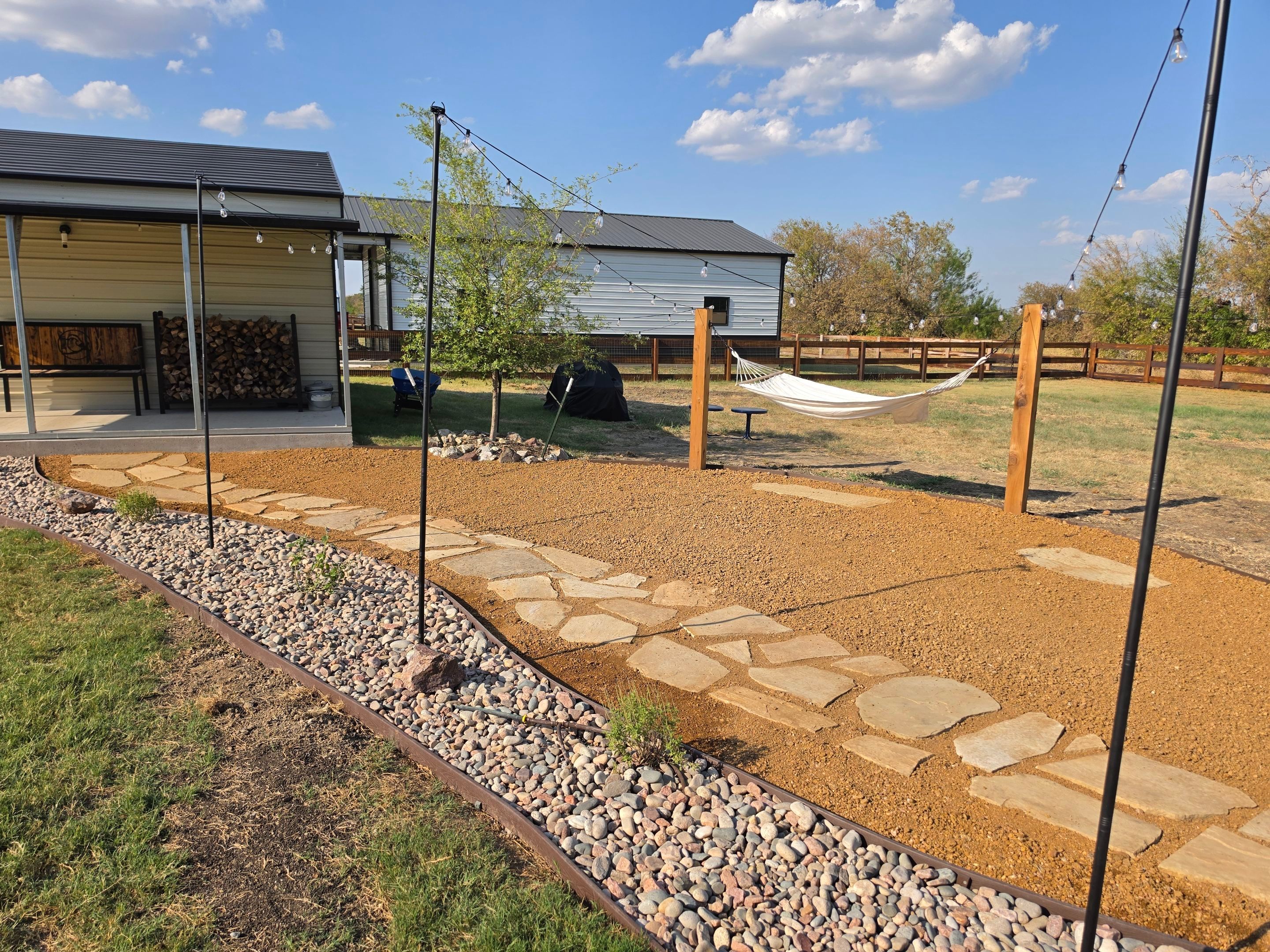 Argyle Residential Landscape Installation with Flagstone Path and Outdoor Seating by Conserva Irrigation NW Dallas