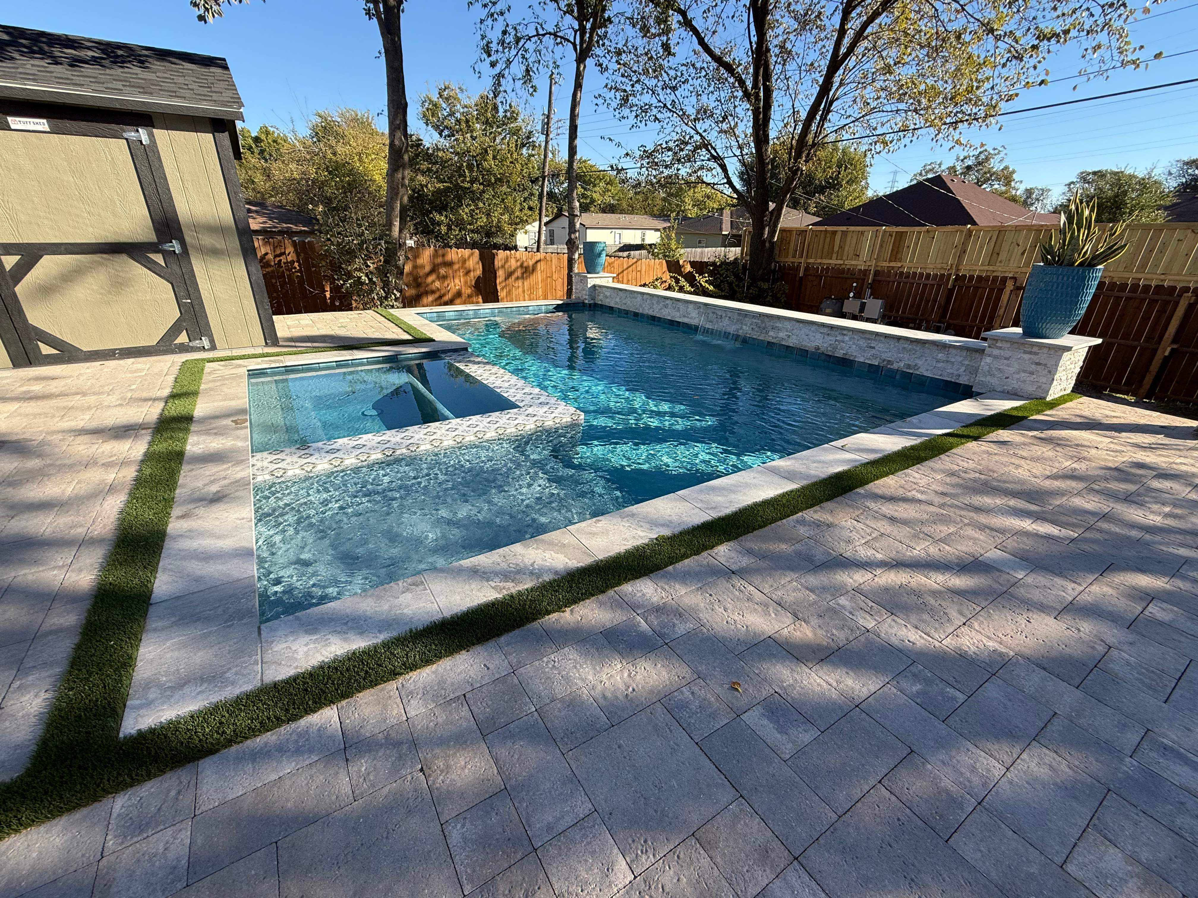Geometric Pool and Spa with Designer Tile Wall by Pinnacle Pools and Spas - DFW