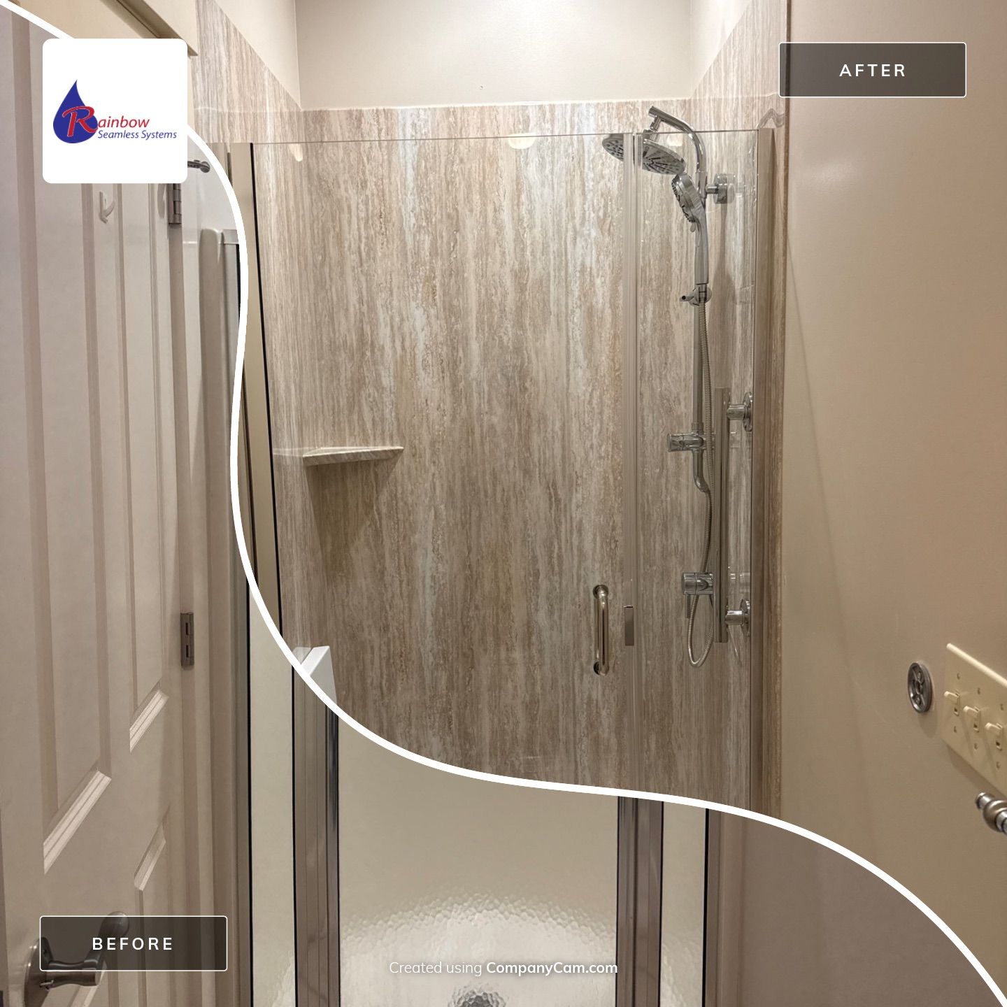 East Jordan Walk-In Shower Remodel with Folding Bench and Chrome Fixtures by Rainbow Seamless Systems