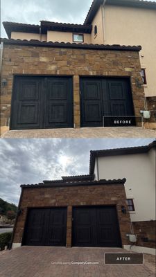 Before and after photo of a garage exterior repainted white by Hill Country Painting in Lakeway, TX