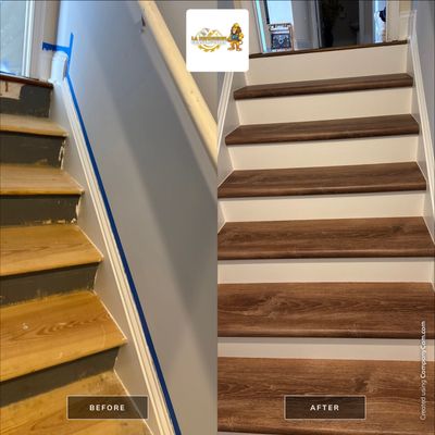 Stairway Installation using t vinyl stair tread and reversibleriser