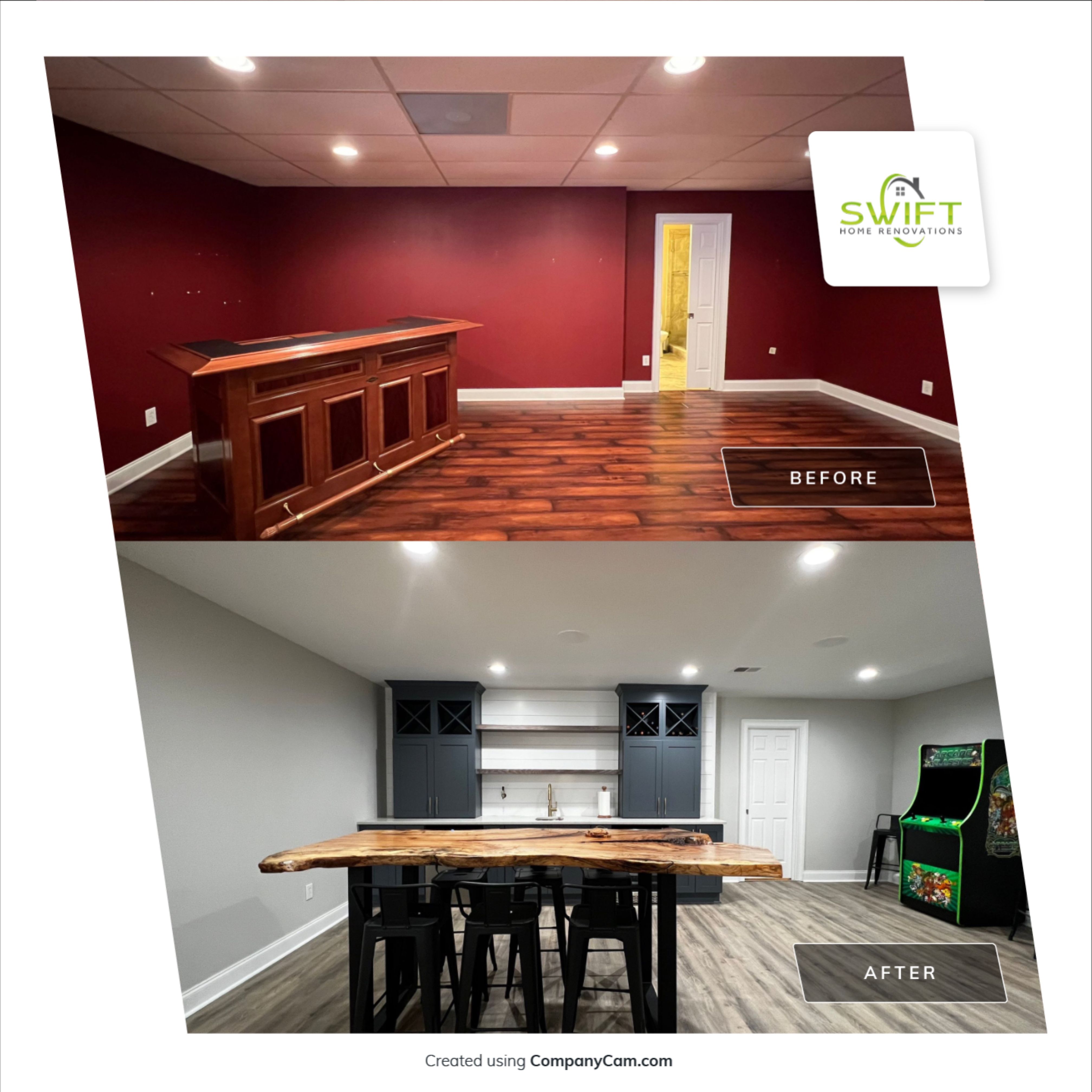 Modern Basement Remodeling in Woodstock with Custom Live-Edge Bar by Swift Home Renovations