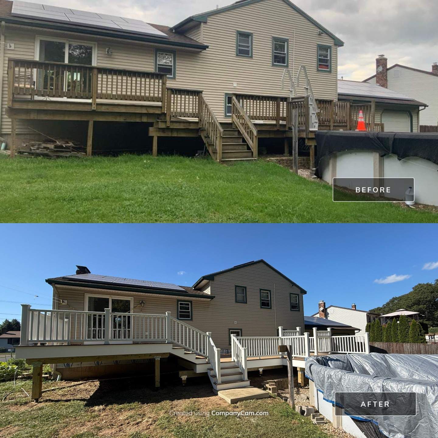 Replacement pool deck with Trex Lineage Carmel and Transcend railings by DiGiorgi Roofing and Siding Inc