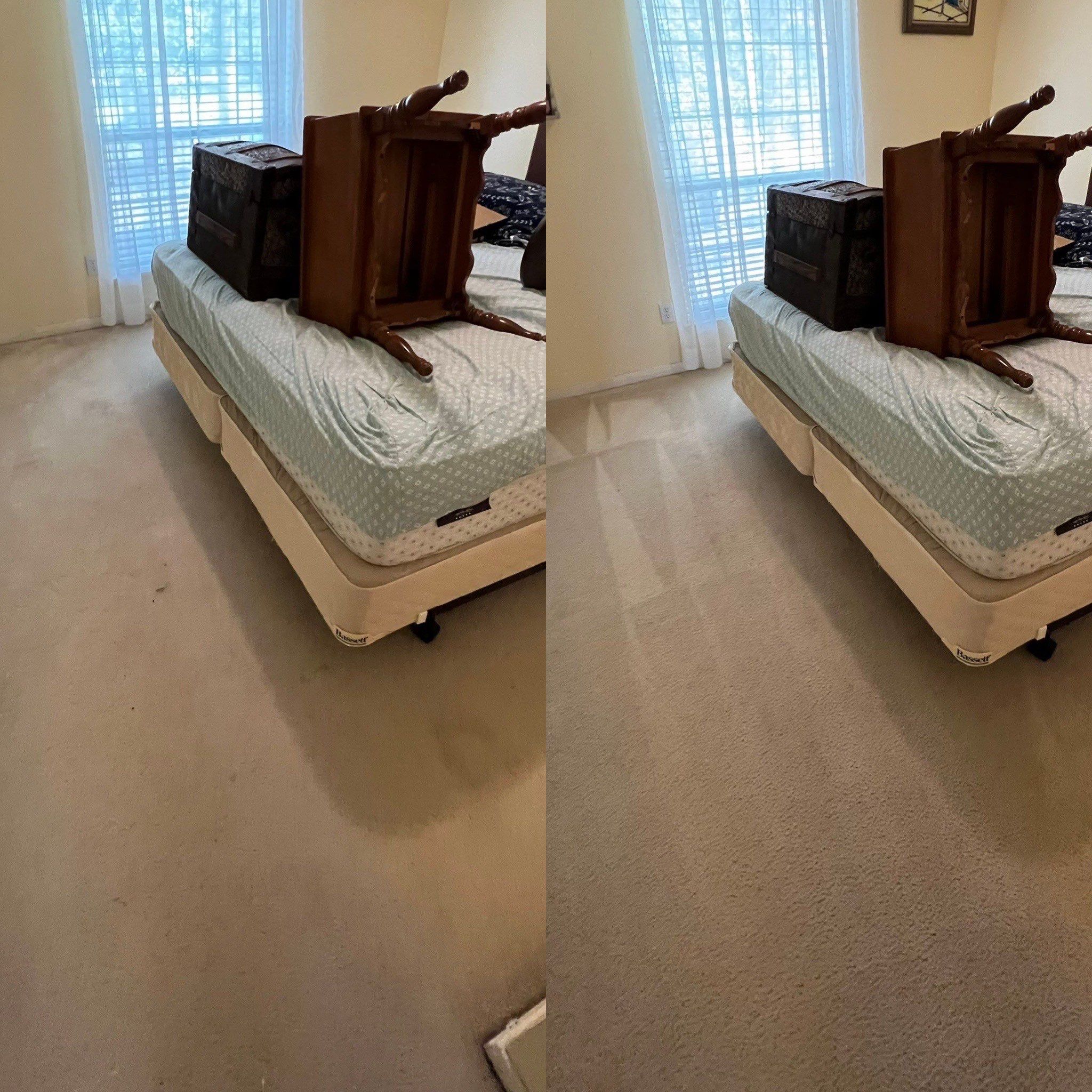 carpet cleaning service removing dirt and stains showing a comparison before and after in a bedroom setting