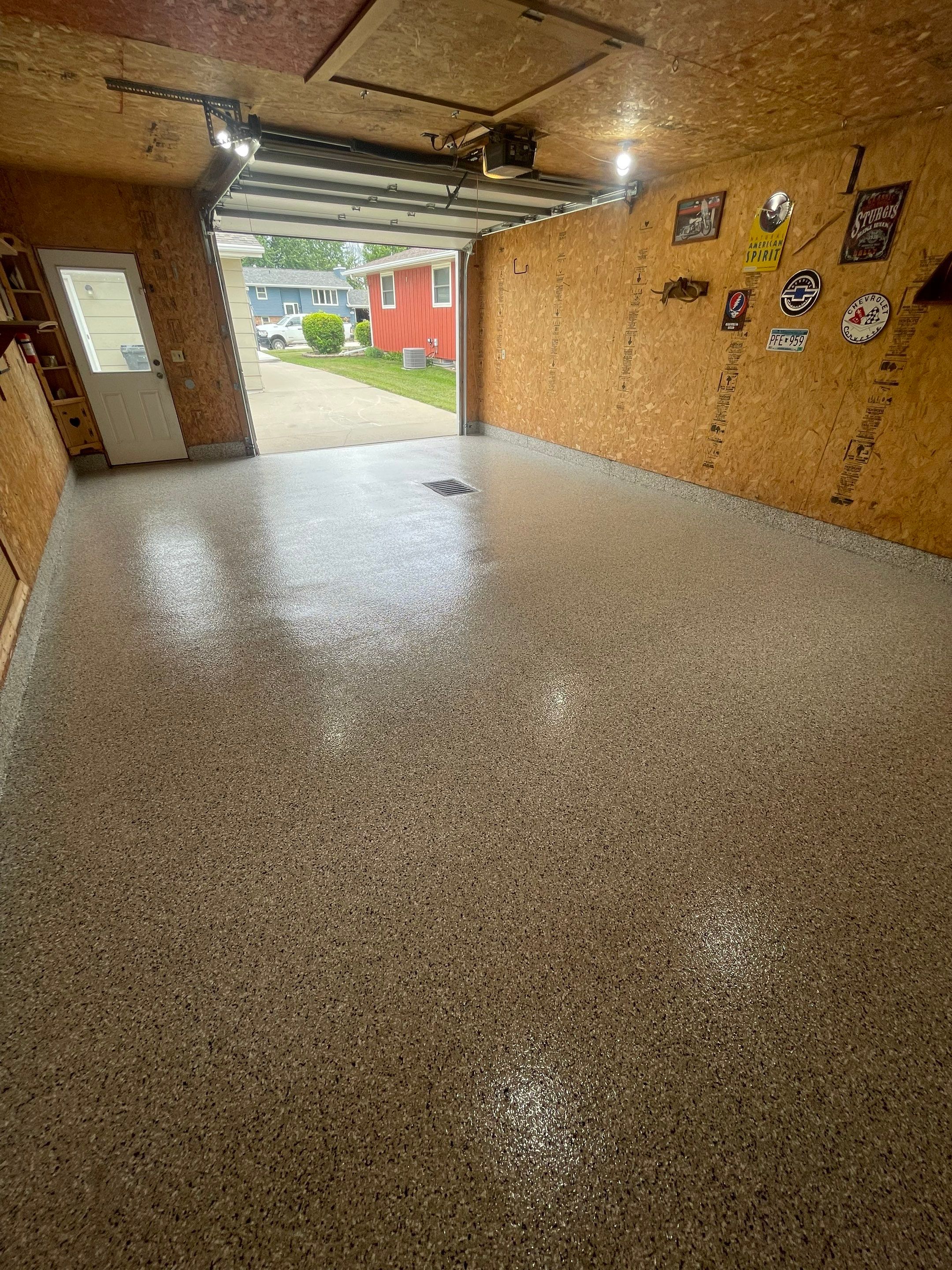 Speckled Epoxy Flake Concrete Coating for Worthington Garage Floor by Select Painting, Coatings & Garage Cabinets