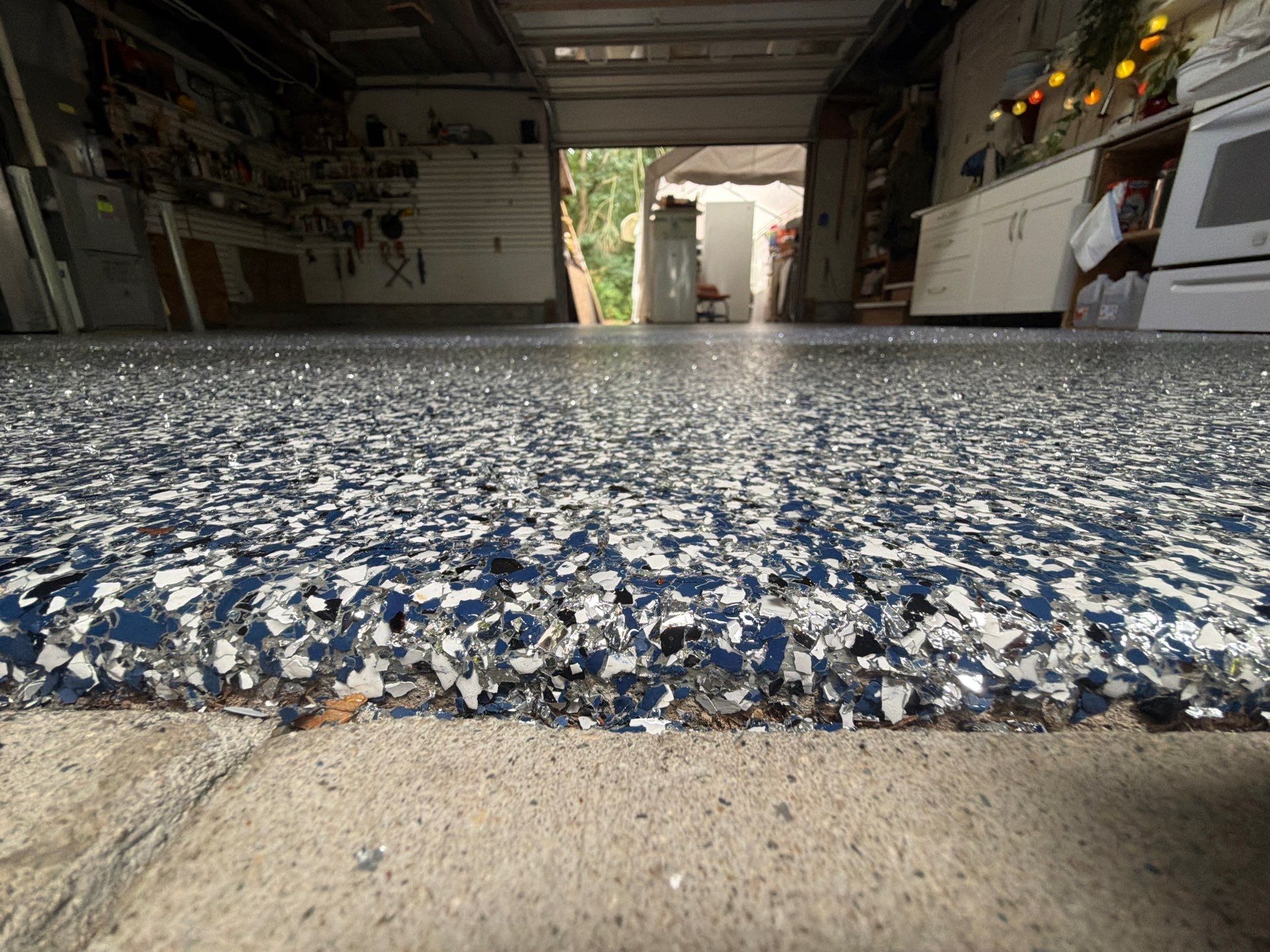 Custom Multi-Colored Epoxy Flake Garage Floor Coating in Montague by Gordon Painting