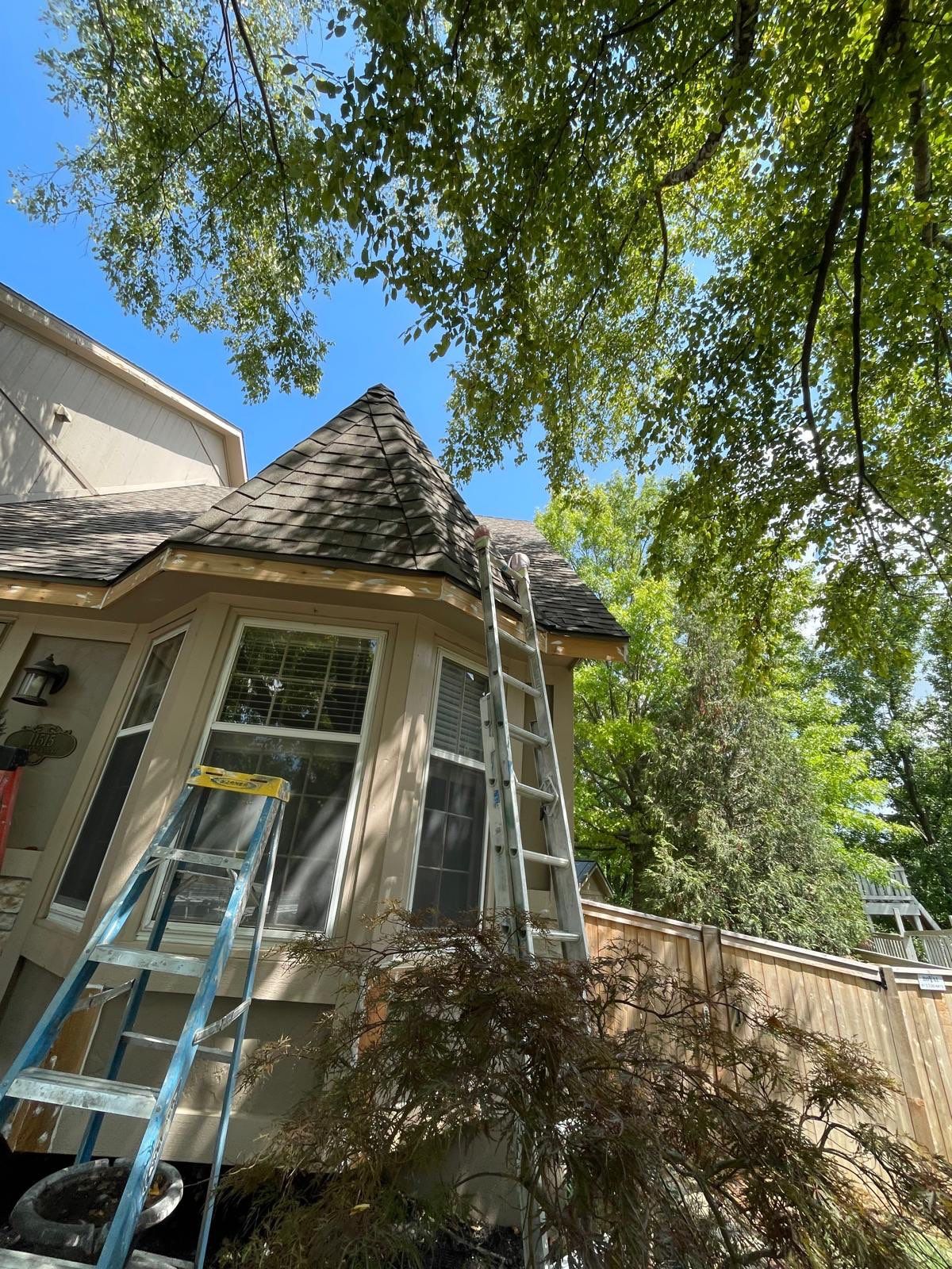 Shoji White Exterior Painting and Comprehensive Wood Rot Repair in Overland Park by Cougar Painting