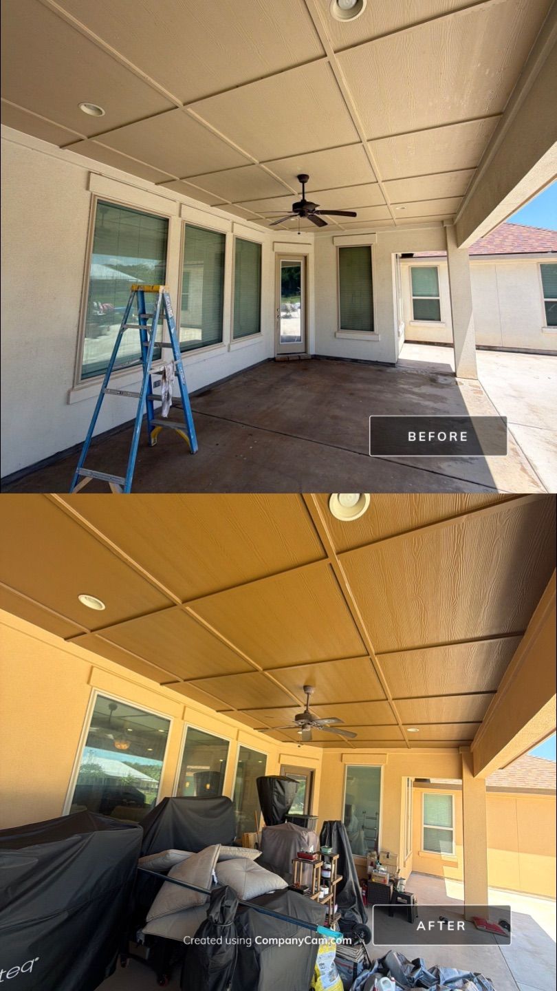 Before and after photo of a porch ceiling painted by Hill Country Painting in Liberty Hill, TX