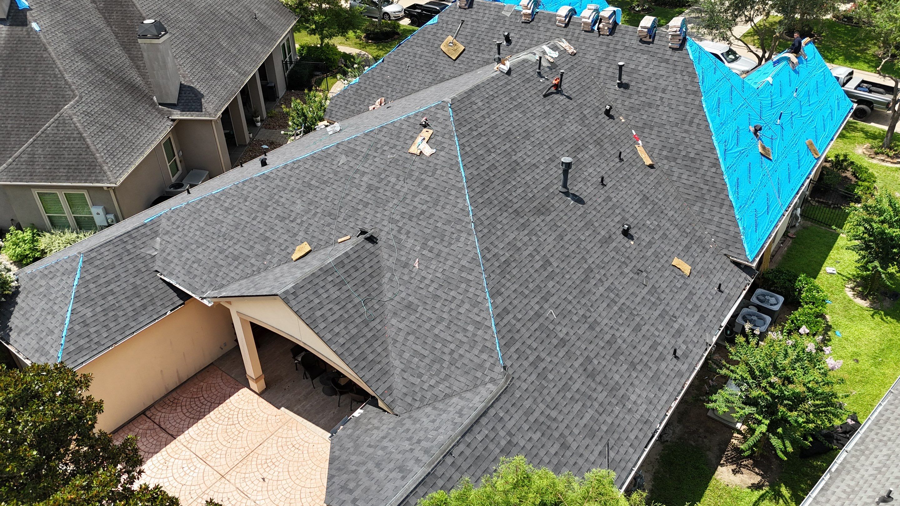 Residential Roofing Installation using Certainteed Landmark after last year's tornado in Cypress by Core Four Roofing