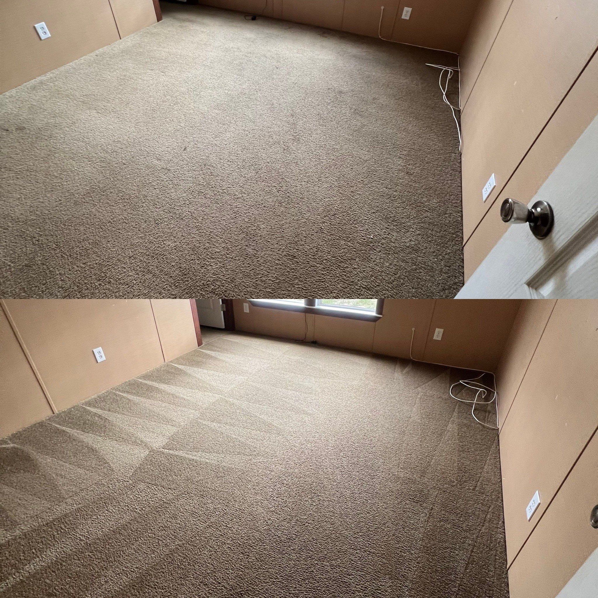 the service shown is professional carpet cleaning with visible before and after results in a room setting