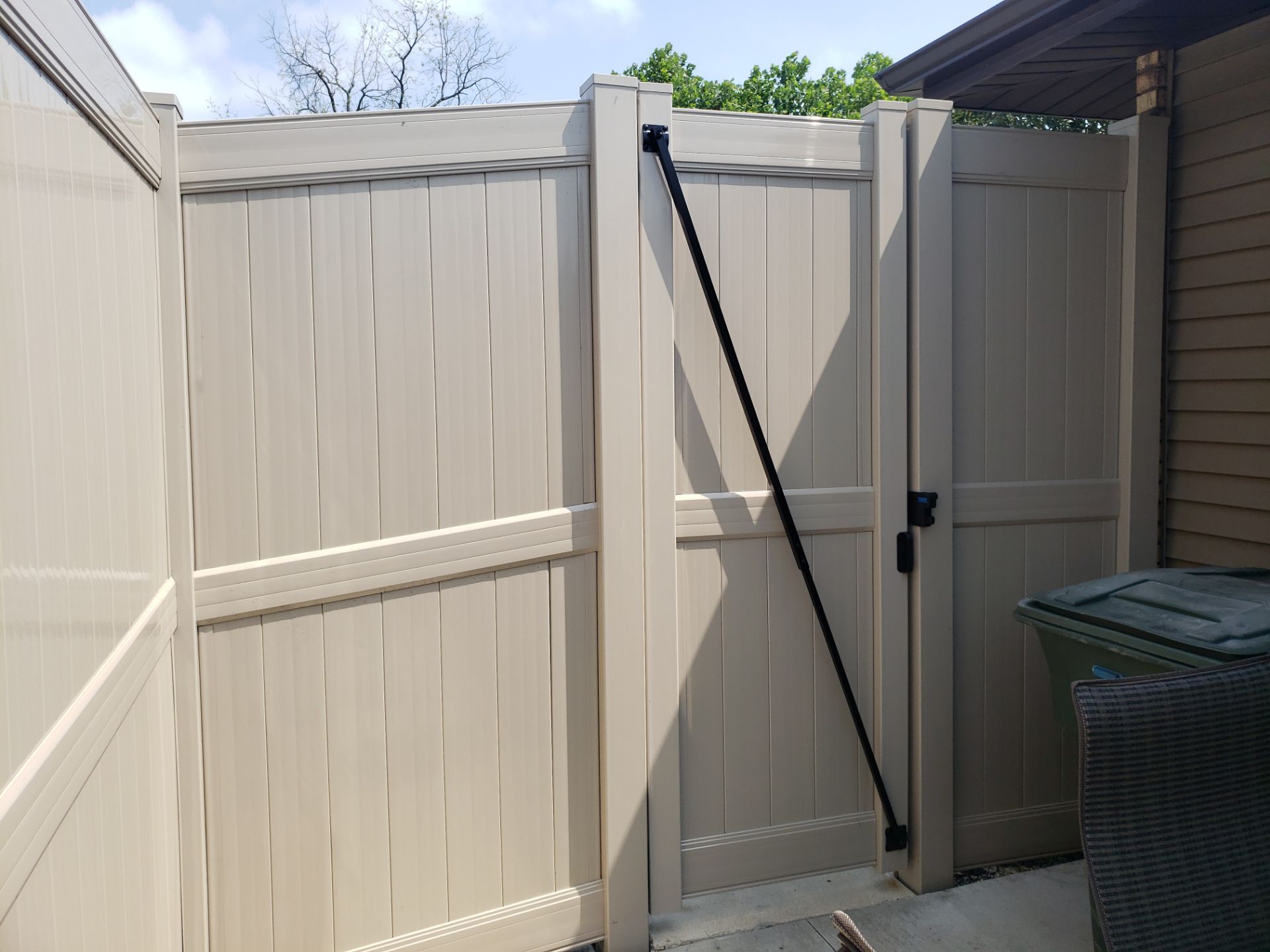 Adobe Vinyl Privacy Fence and Reinforced Double Gate Installation in Waterloo by Perfect Picket Fence and Stain