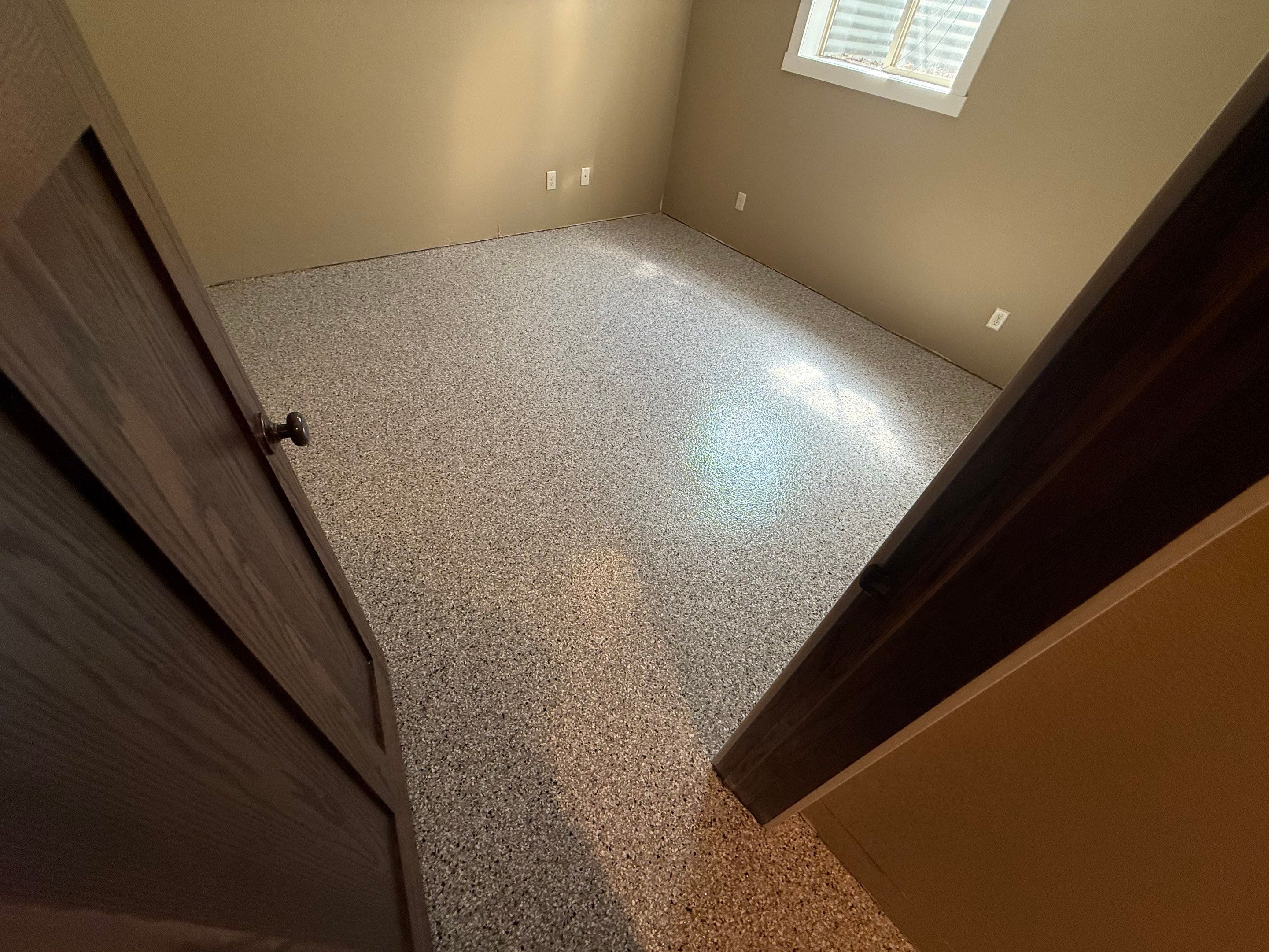 Decorative Flake Concrete Floor Coating for Larchwood Basement by Select Painting, Coatings & Garage Cabinets