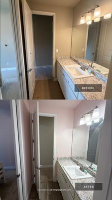 Before and after photo of a bathroom vanity repainted pink by Hill Country Painting in Driftwood, TX