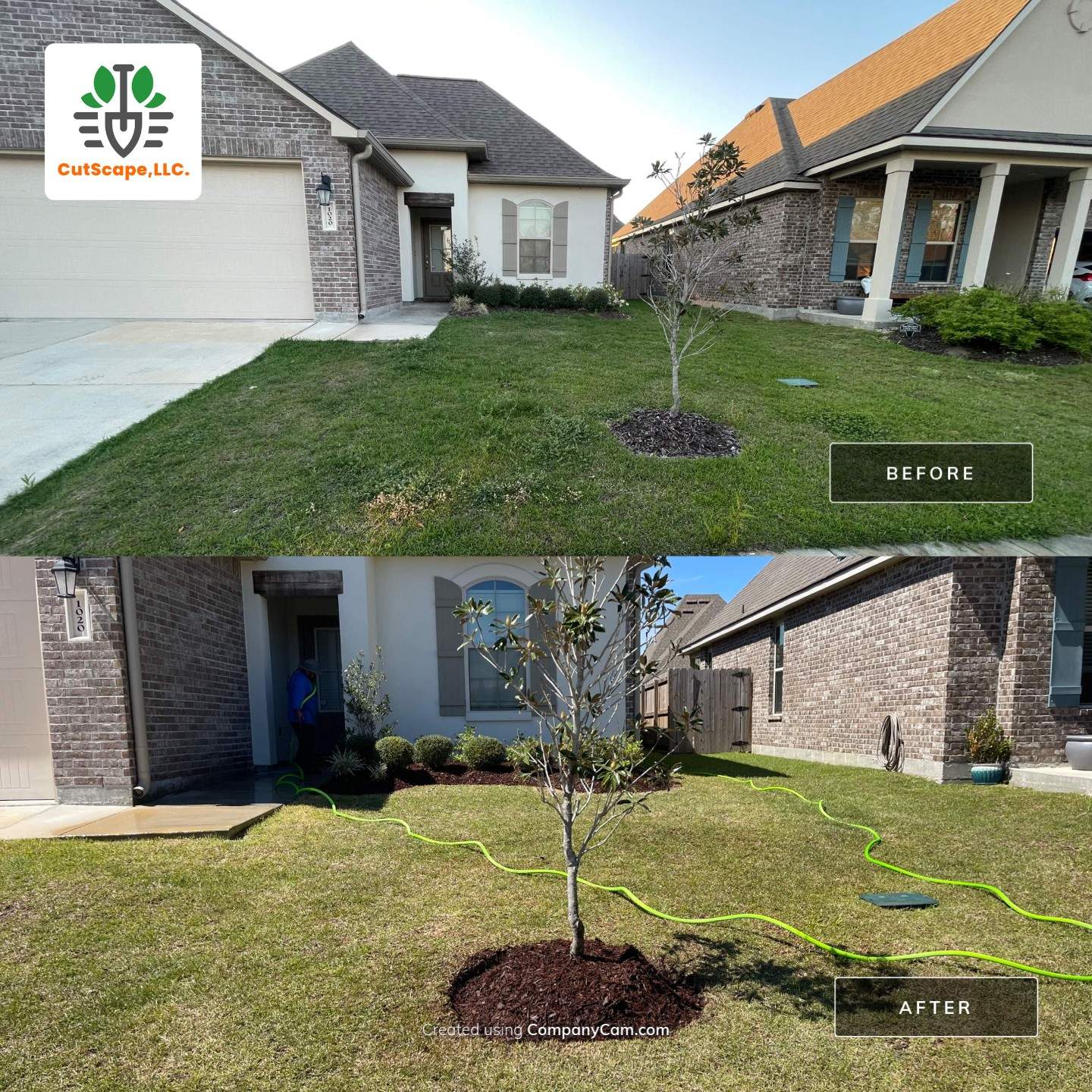 LANDSCAPE SERVICES: DEMO / BED PREP / CUT IN BED EDGES / MULCH INSTALL using BROWN MULCH "BARK BRITE" by CutScape, LLC.