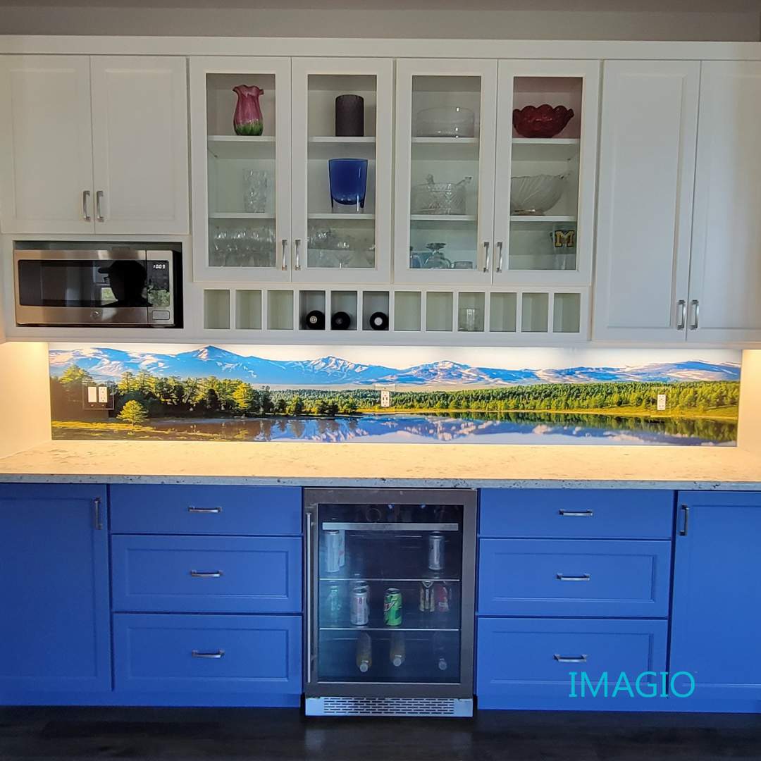 Kitchen Remodel using IMAGIO Mountains & Tropics Solid Glass Backsplash by IMAGIO